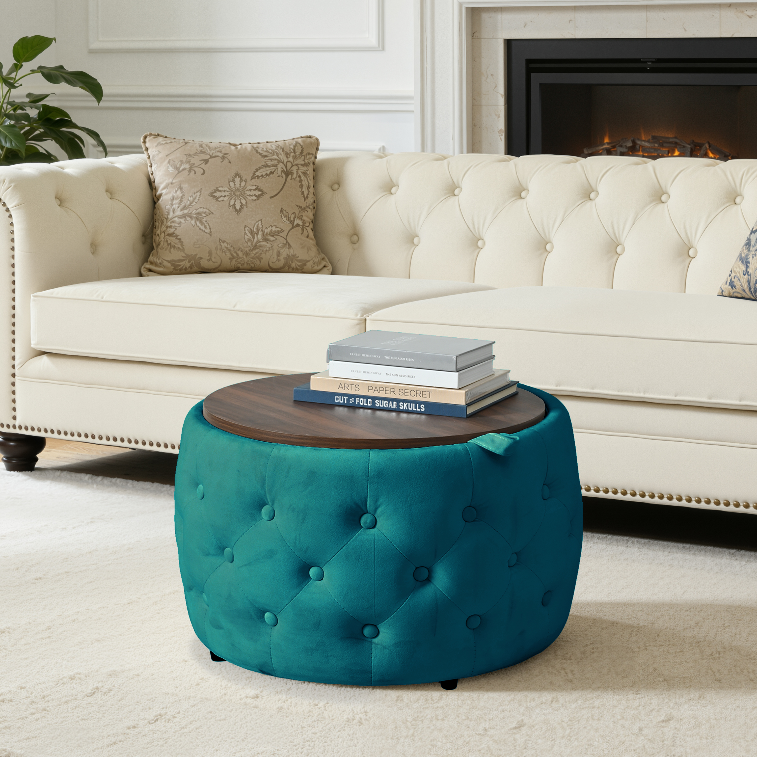Ensemble de 2 poufs gigognes en velours, design 4-en-1, sert de banc de rangement, repose-pieds et table d'appoint avec plateau bois amovible, gain de place, pour salon et chambre, élégance et fonctionnalité - image 3