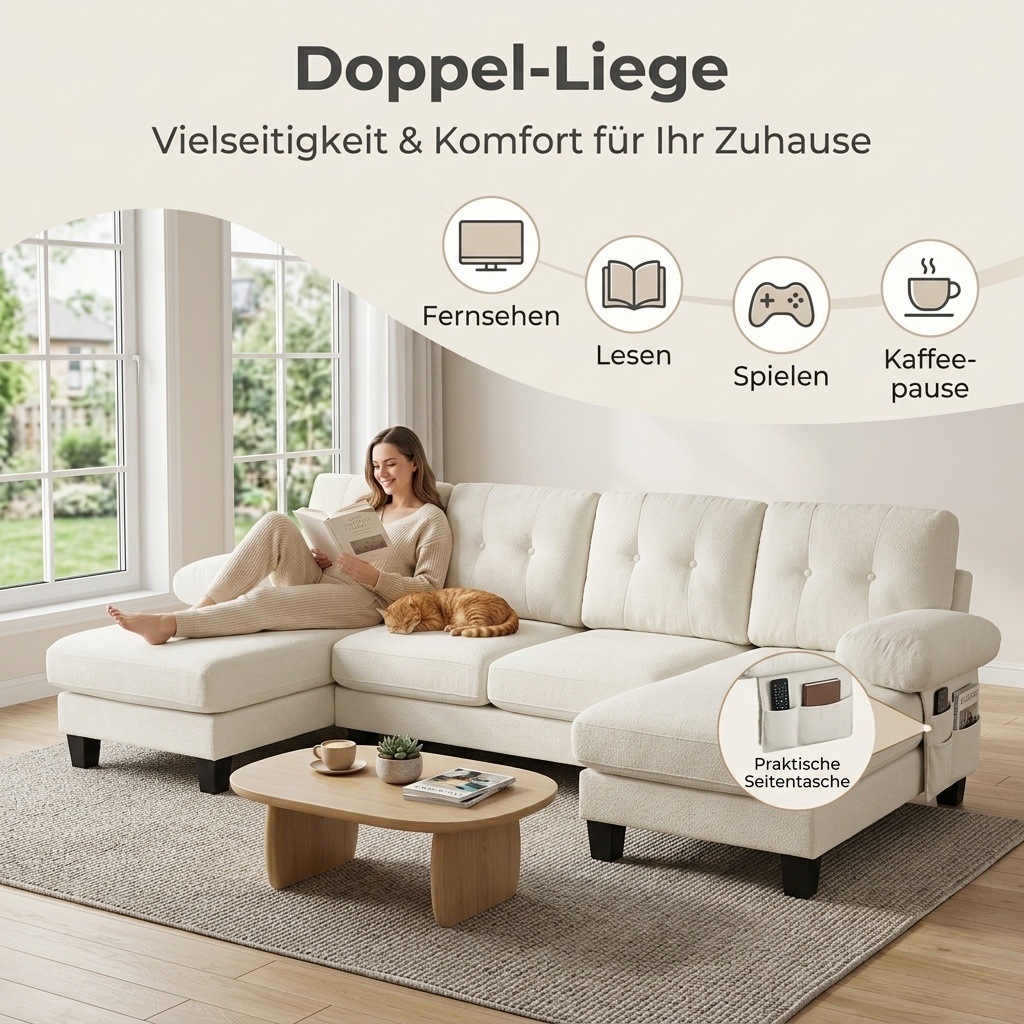 Canapé d'angle double chaise-longue en tissu cheni - image 1