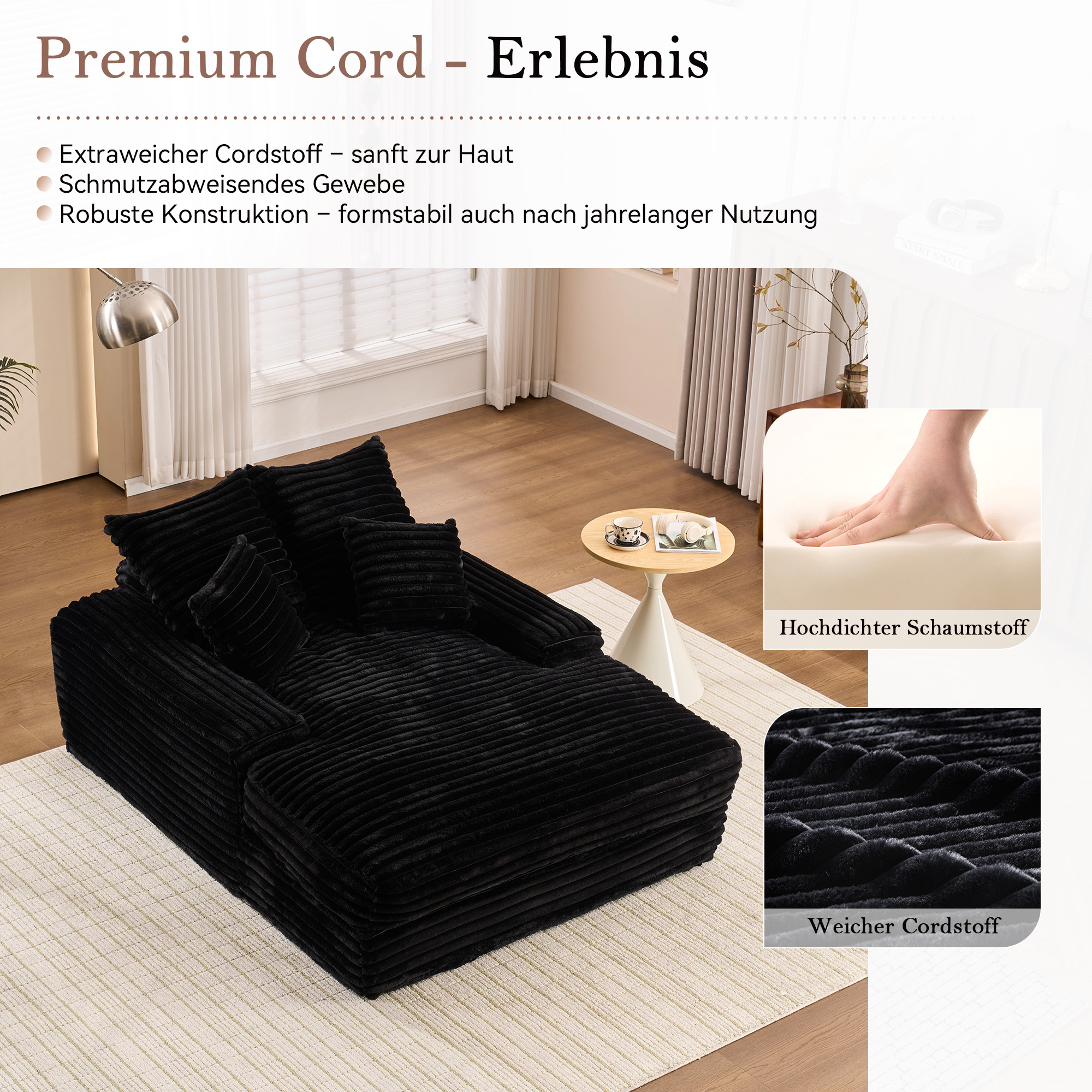 027–Luxus Cord Sofa, modernes Design, 4 Kissen, ul