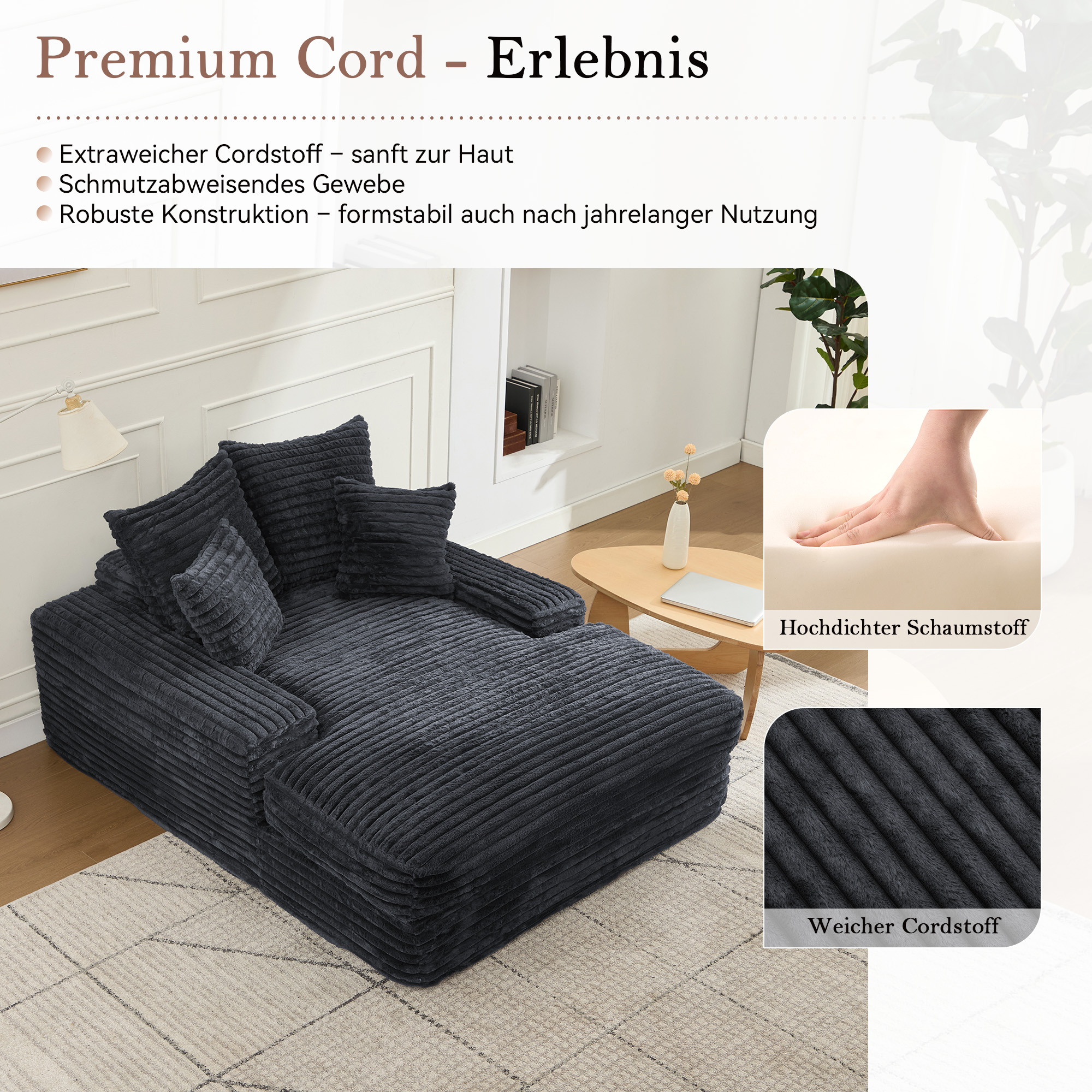 027R–Luxus Cord Sofa, modernes Design, 4 Kissen, u