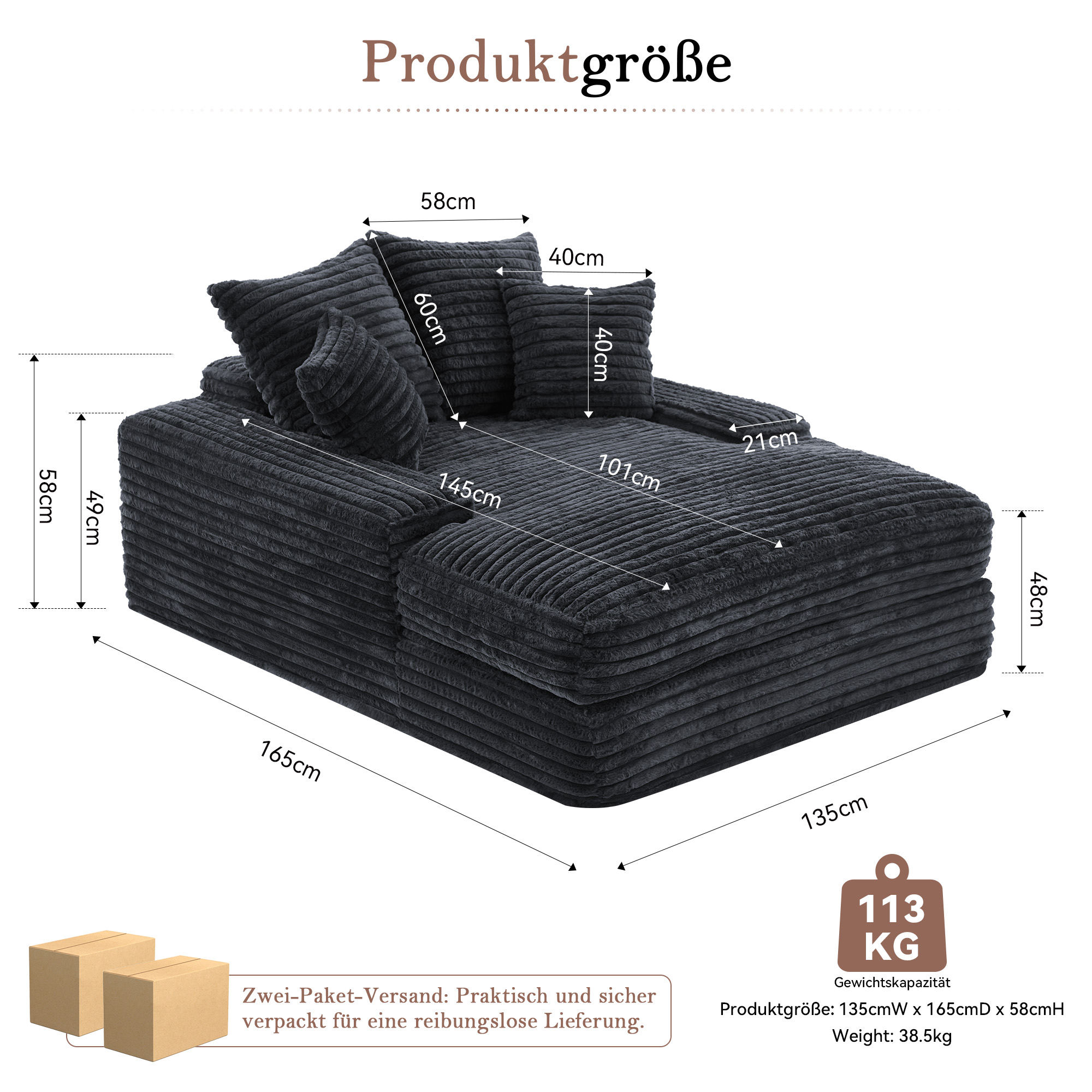 027R–Luxus Cord Sofa, modernes Design, 4 Kissen, u