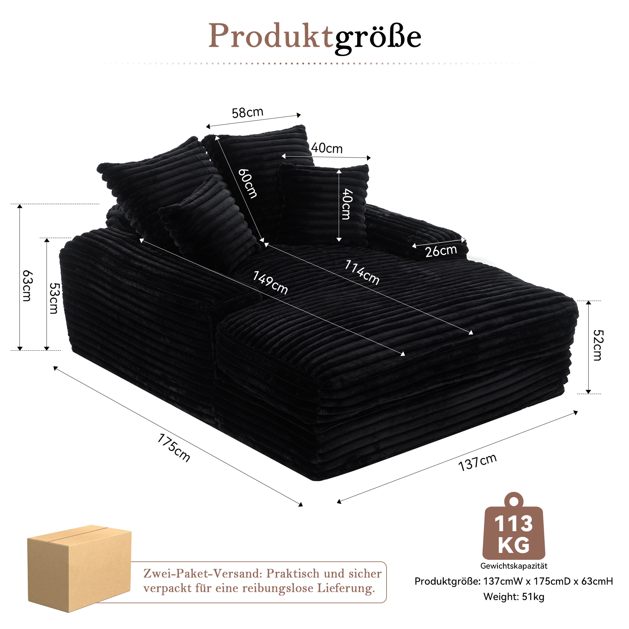 027–Luxus Cord Sofa, modernes Design, 4 Kissen, ul