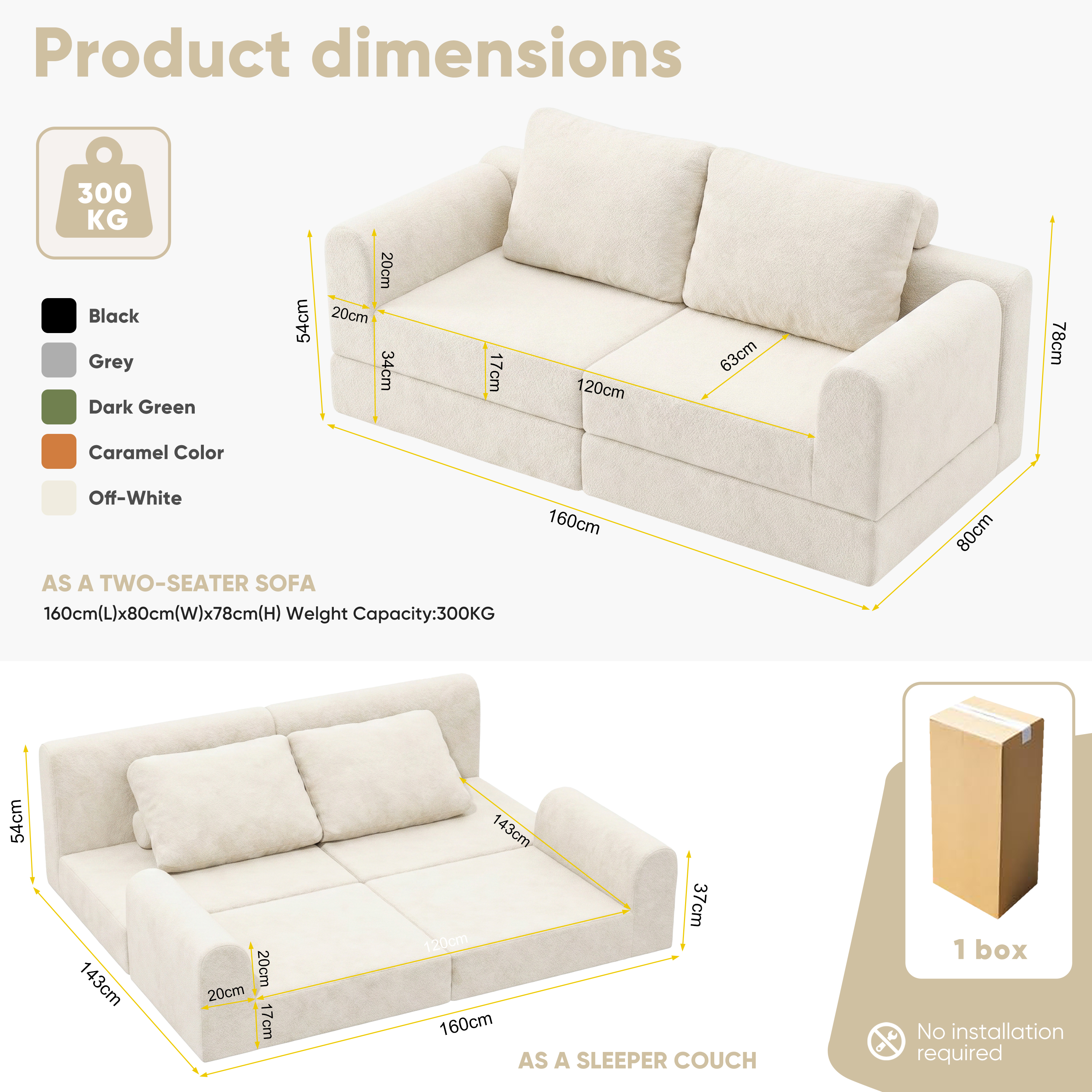 Canapé convertible 2 places 160 x 80 x 78 cm, Tissu, beige - spécifications 1