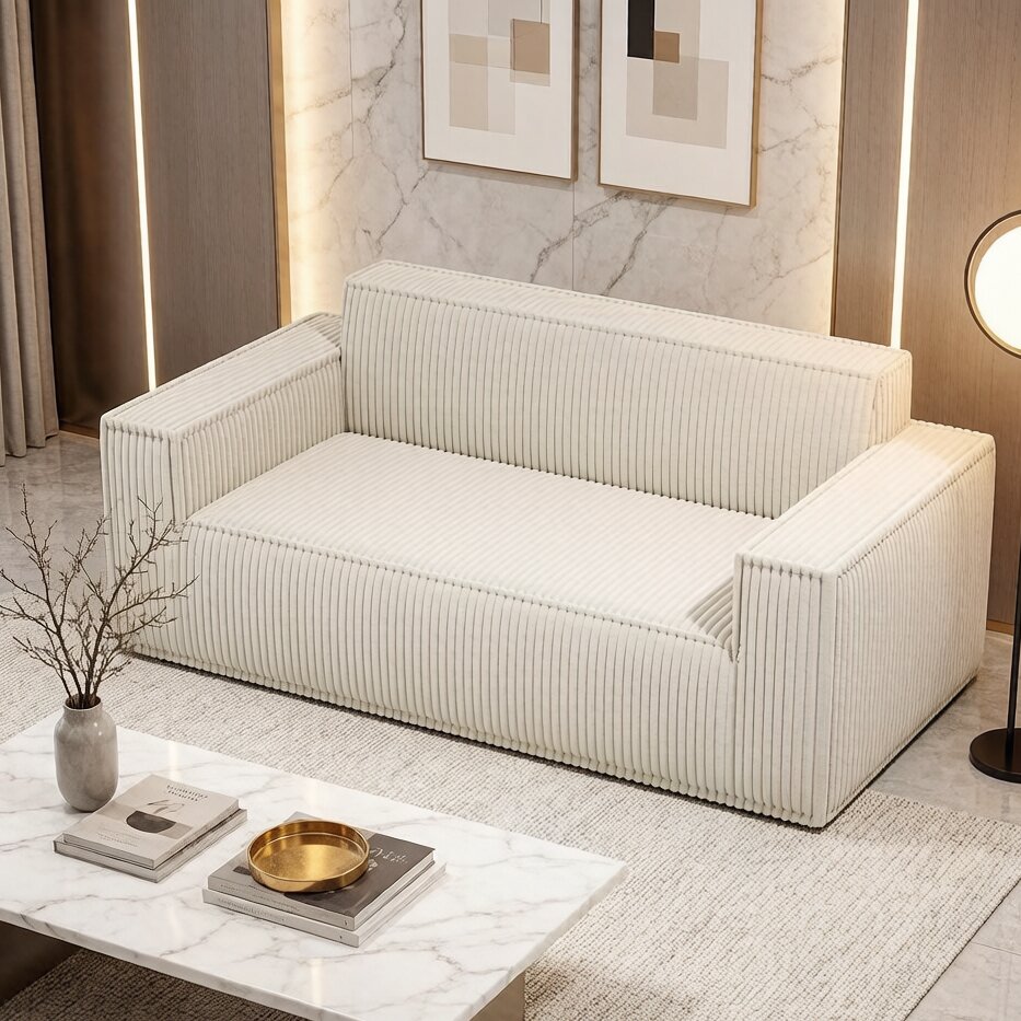 Canapé 178 x 86 x 70 cm, en velours côtelé, Blanc cassé - dimensions et spécifications
