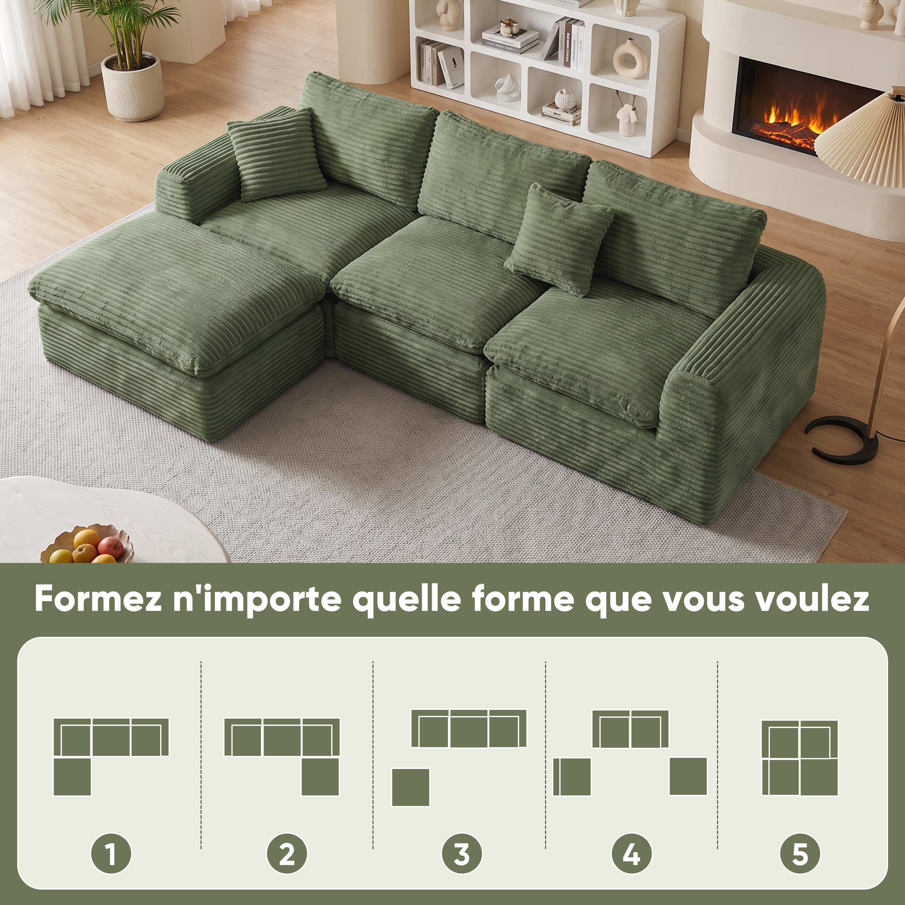 Canapé modulable 3-en-1 avec configuration en L et modules indépendants