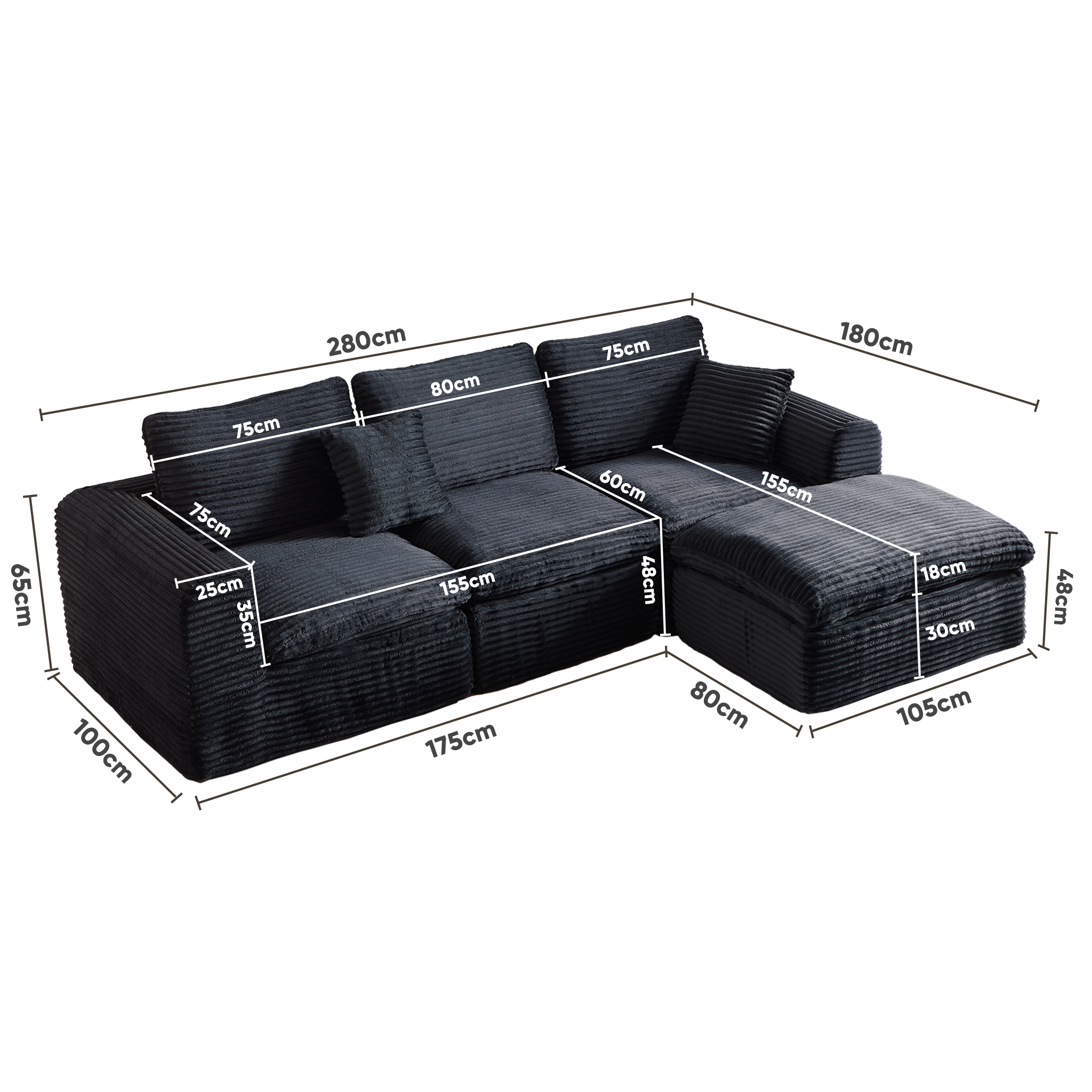 Canapé d’angle convertible en L 3 places en velours côtelé, Noir + bleu, 280 x 180 x 65 cm - vue complémentaire 1