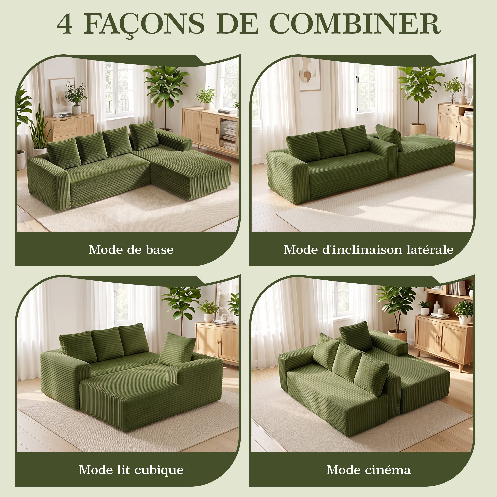Canapé 4 places 261 x 168 x 58 cm, convertible, modulable, sans montage, en velours côtelé, Vert - vue principale