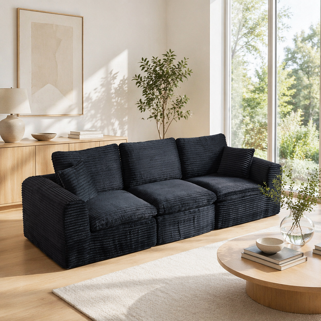 Canapé d’angle convertible en L 3 places en velours côtelé, Noir + bleu, 280 x 180 x 65 cm - vue principale 1