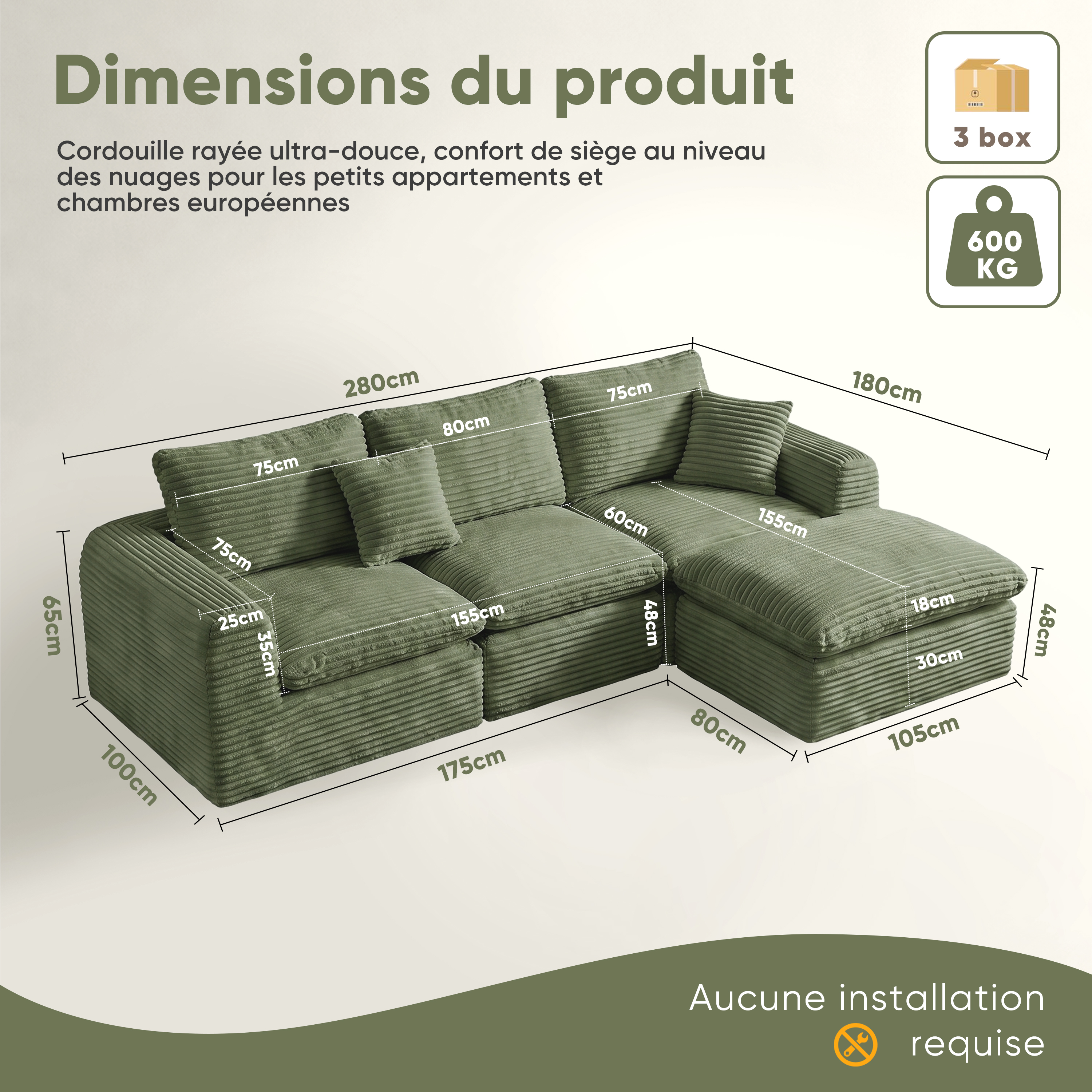 Canapé modulaire en velours côtelé pour salon moderne