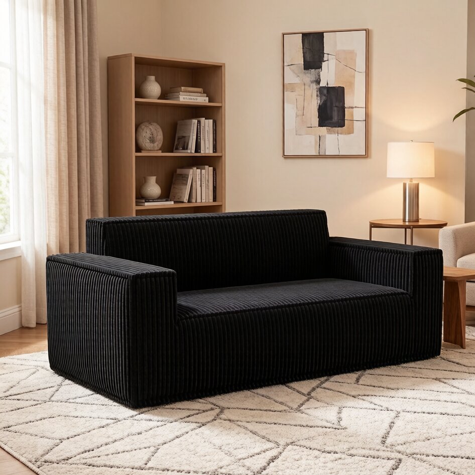 Canapé 178 x 86 x 70 cm, en velours côtelé, Noir - dimensions et spécifications