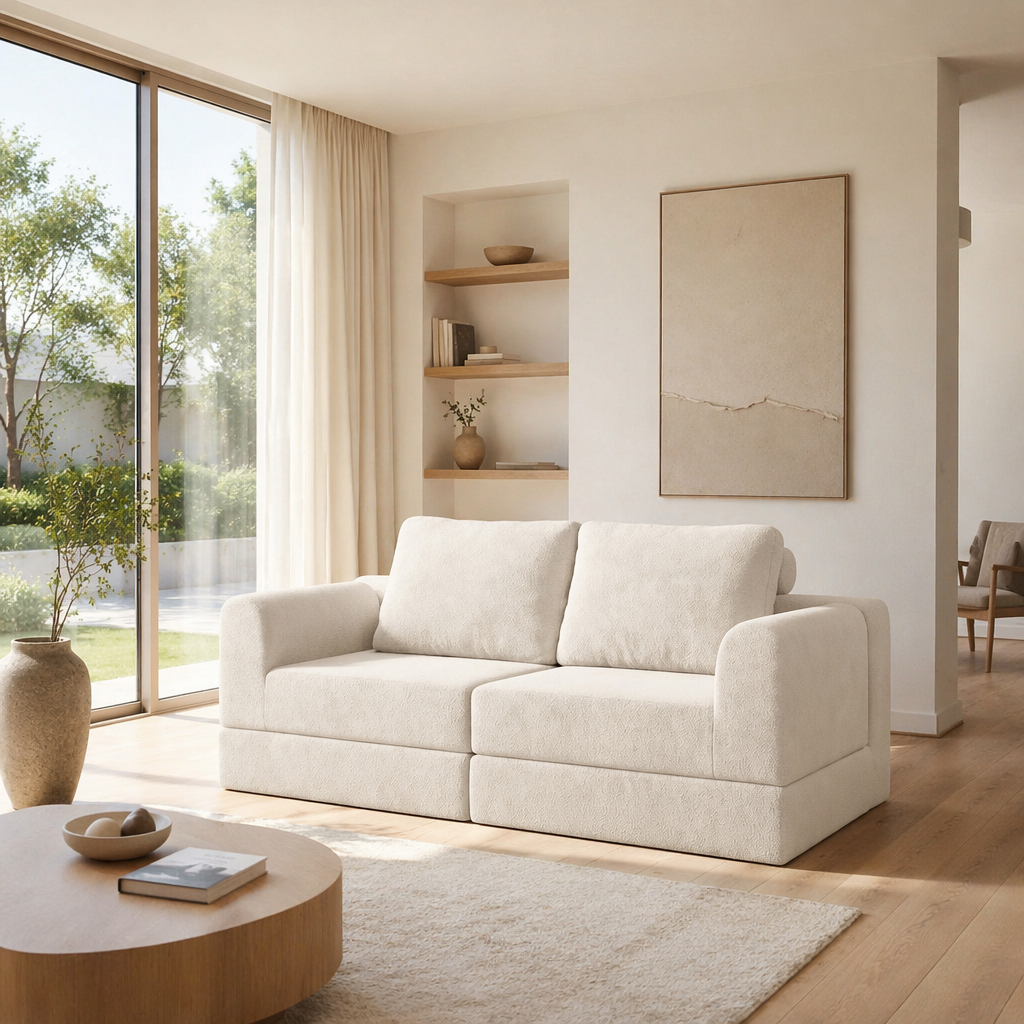 Canapé convertible 2 places 160 x 80 x 78 cm, Tissu, beige - présentation 1