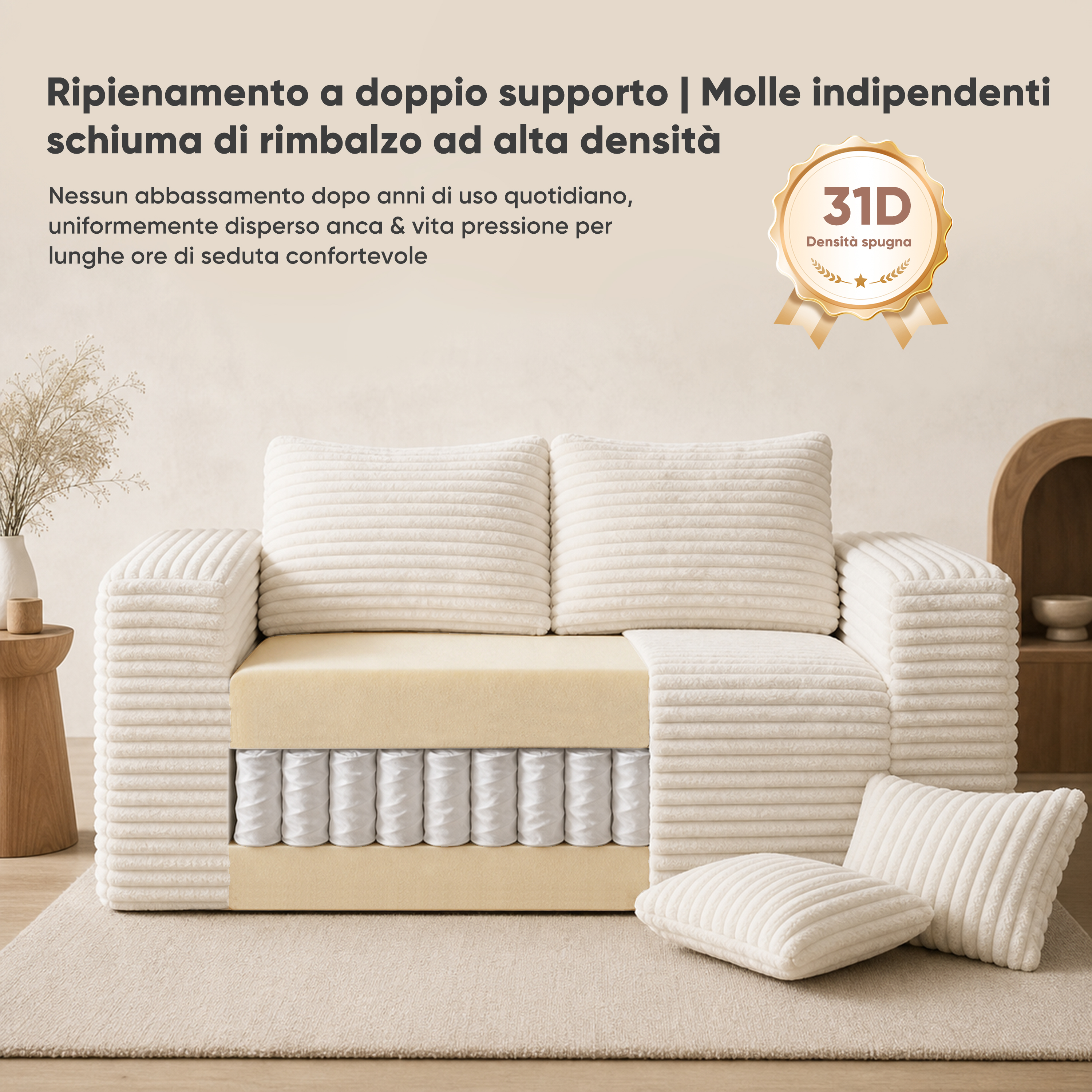 Canapé modulable / canapé de salon 2 places 160 x 88 x 58 cm, velours côtelé, Beige - présentation 1