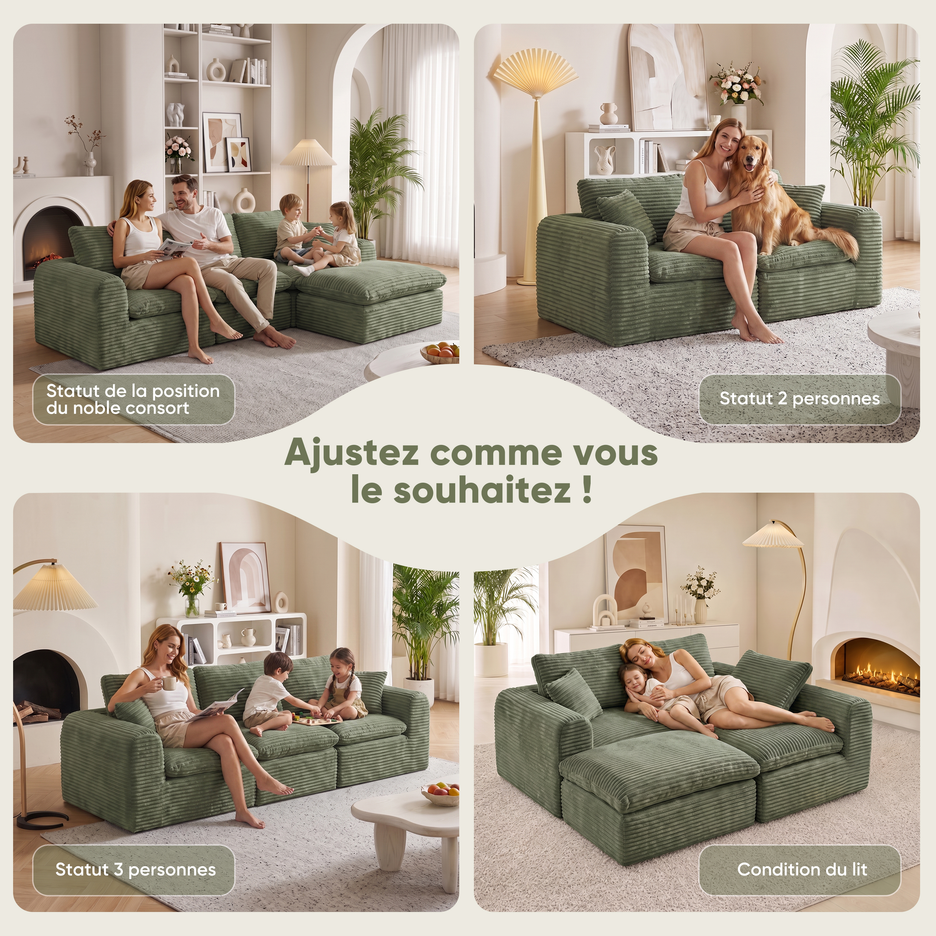 Canapé modulable vert avec différentes configurations