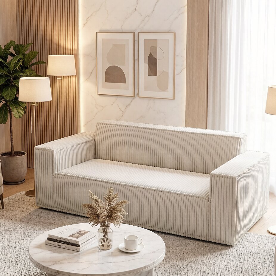 Canapé 178 x 86 x 70 cm, en velours côtelé, Blanc cassé - vue principale