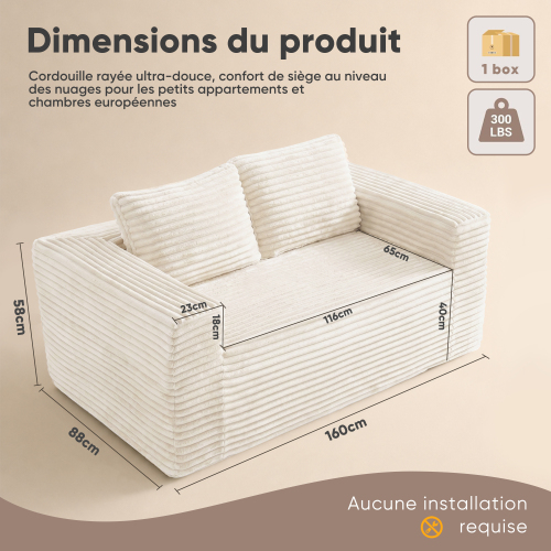 Dimensions du canapé compact beige en velours côtelé