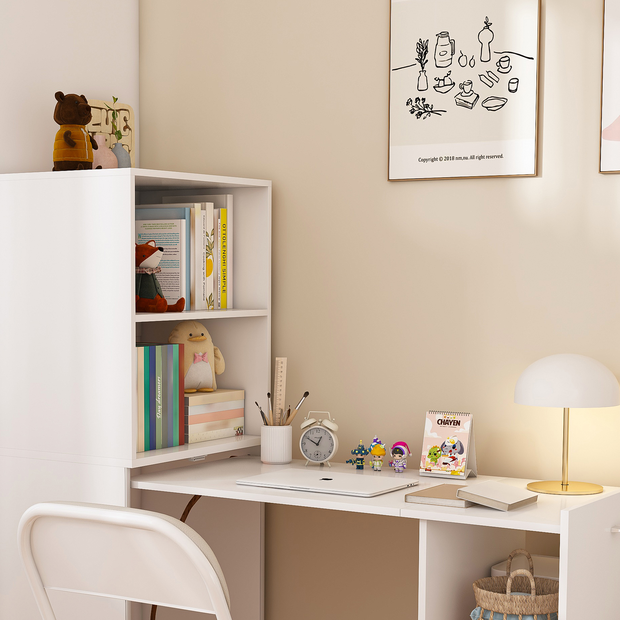 Bureau extensible avec rangement, bureau escamotable avec étagères réglables et armoire, MDF, Blanc