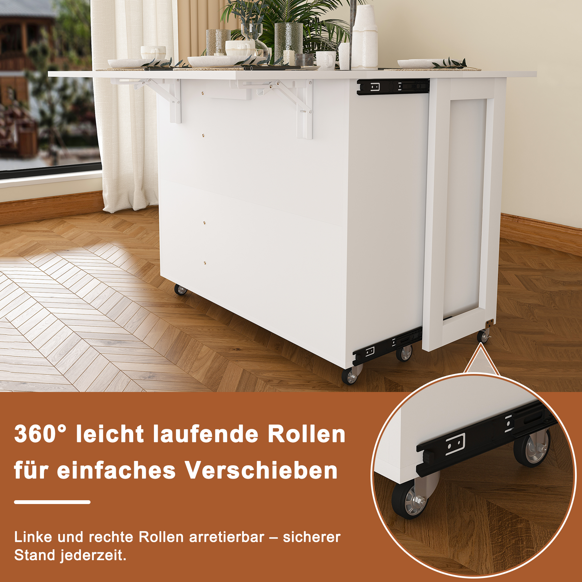 Îlot de cuisine, rotation à 360°, pliable, mobile sur roulettes, rangement intégré, 100 x 105 x 75 cm, panneaux de particules, blanc - vue 7