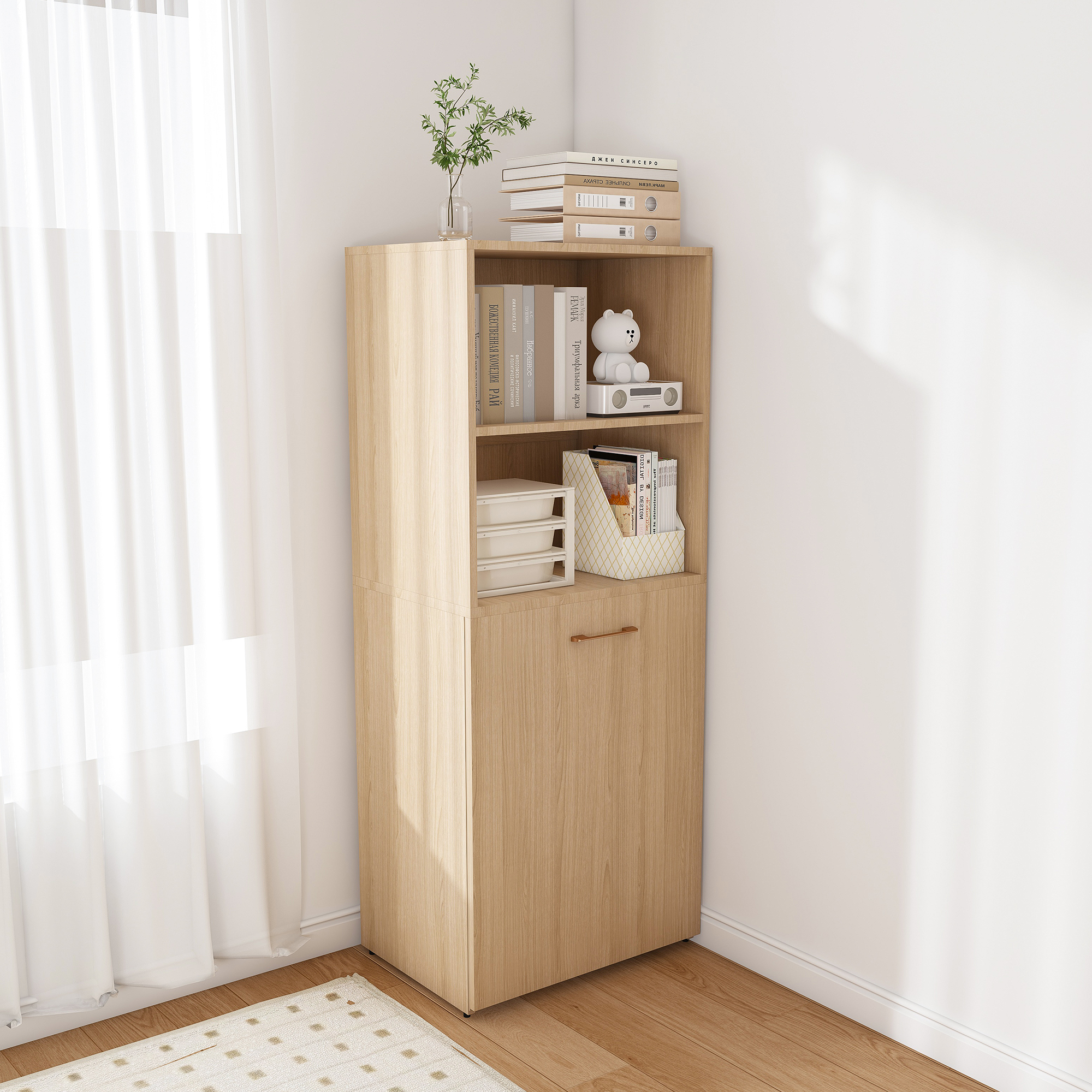 Bureau armoire convertible 2-en-1, se transforme d'armoire de rangement en bureau spacieux, étagères ouvertes + placard fermé, étagères réglables 5 hauteurs, pour petit appartement, gain de place, pour livres et fournitures - image 5