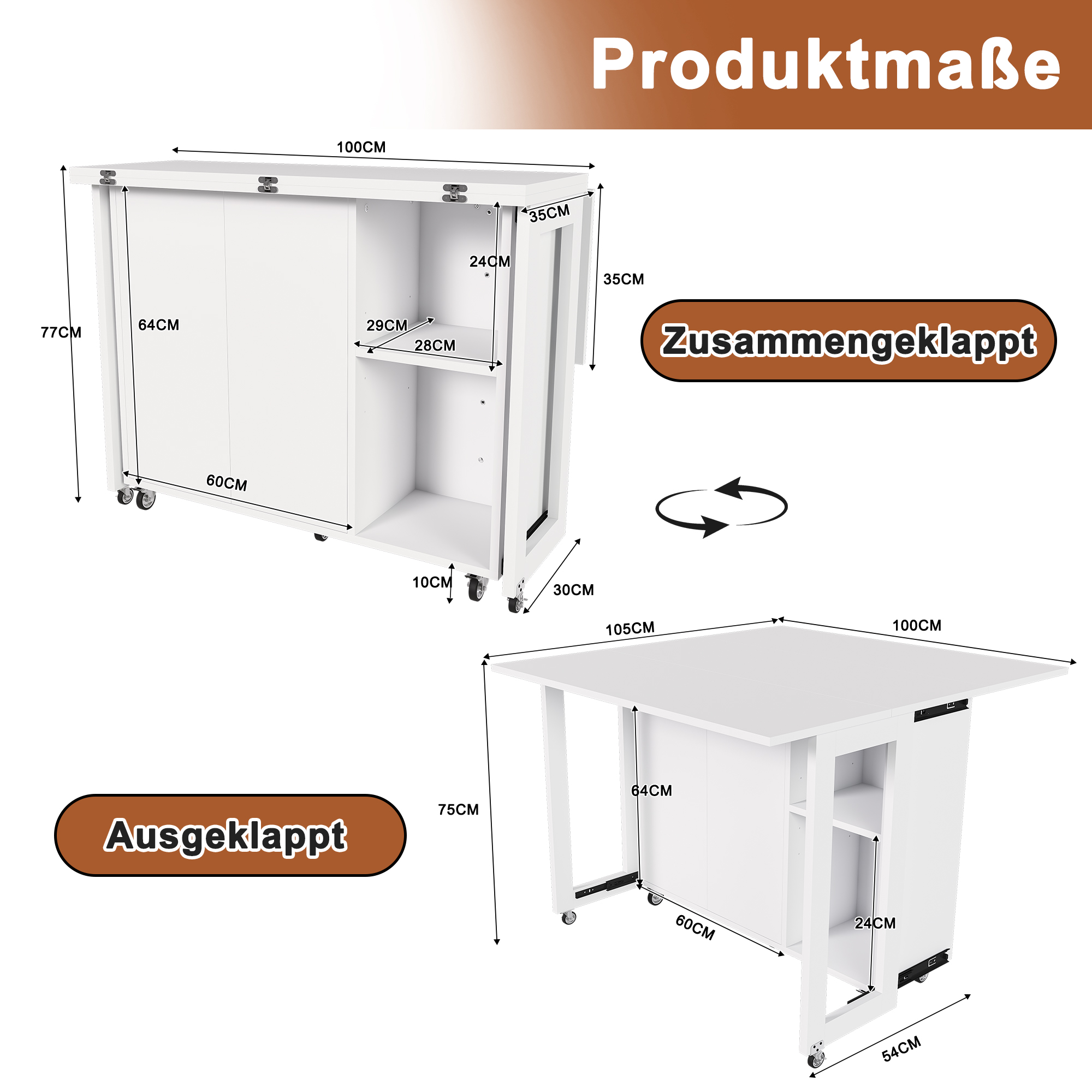 Îlot de cuisine, rotation à 360°, pliable, mobile sur roulettes, rangement intégré, 100 x 105 x 75 cm, panneaux de particules, blanc - vue 5