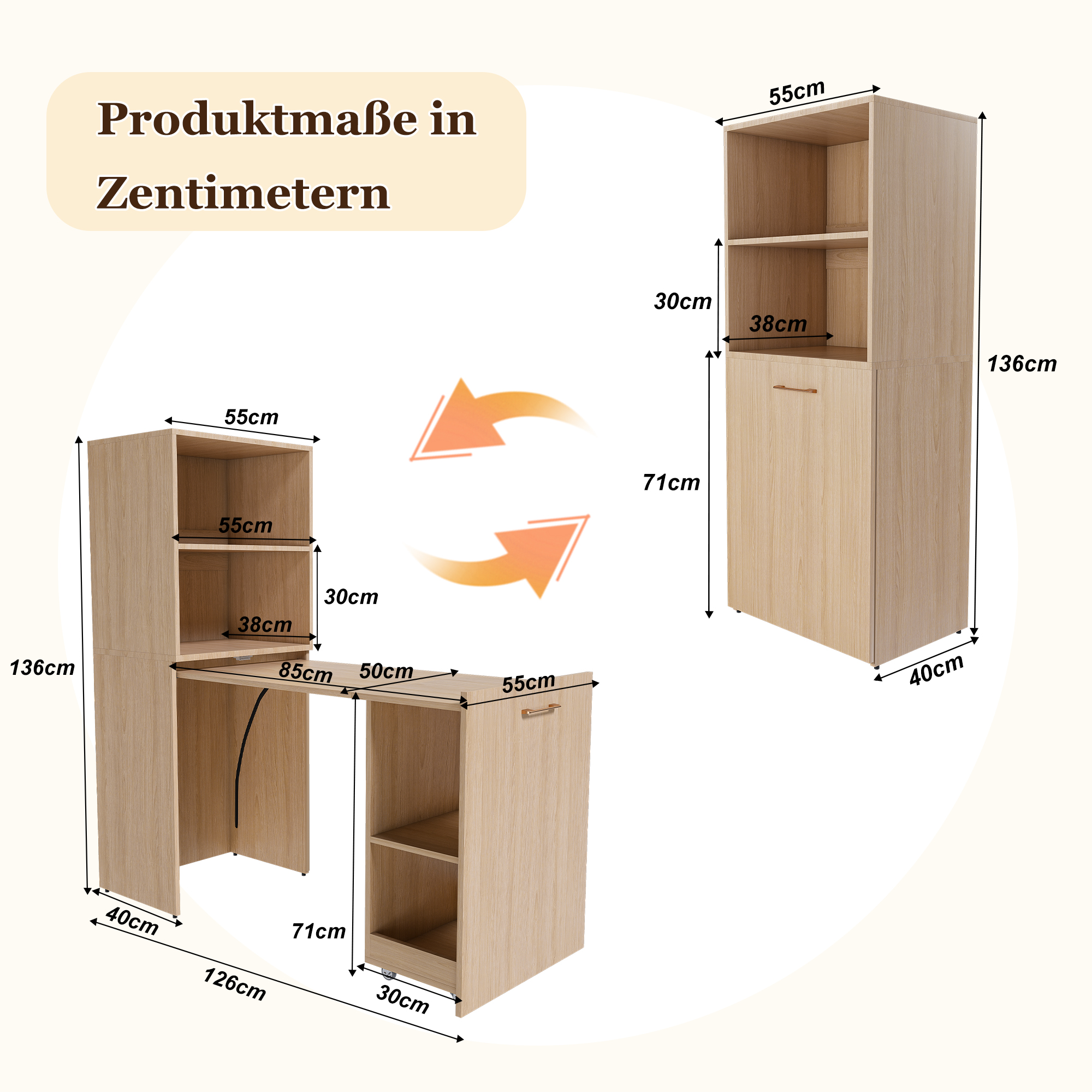 Bureau extensible avec rangement, bureau escamotable avec étagères réglables et armoire, MDF, Chêne clair naturel