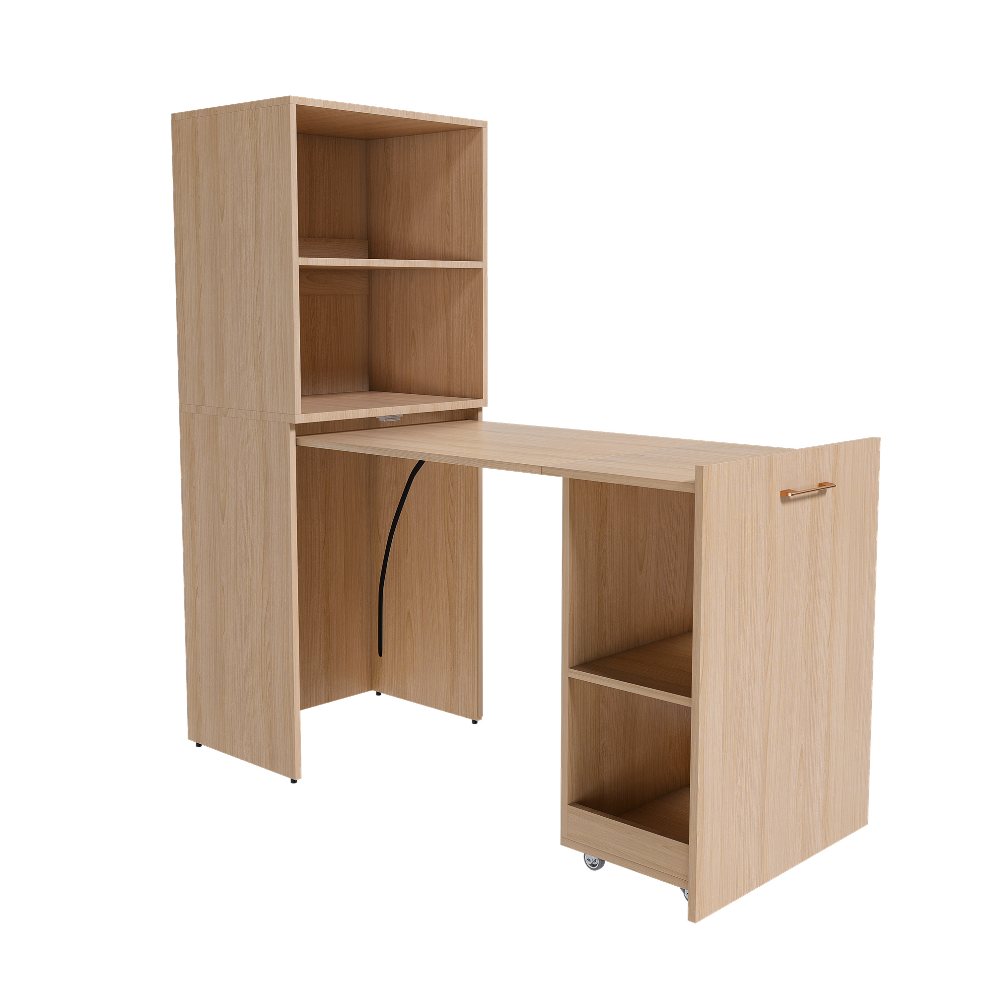 Bureau extensible avec rangement, bureau escamotable avec étagères réglables et armoire, MDF, Chêne clair naturel