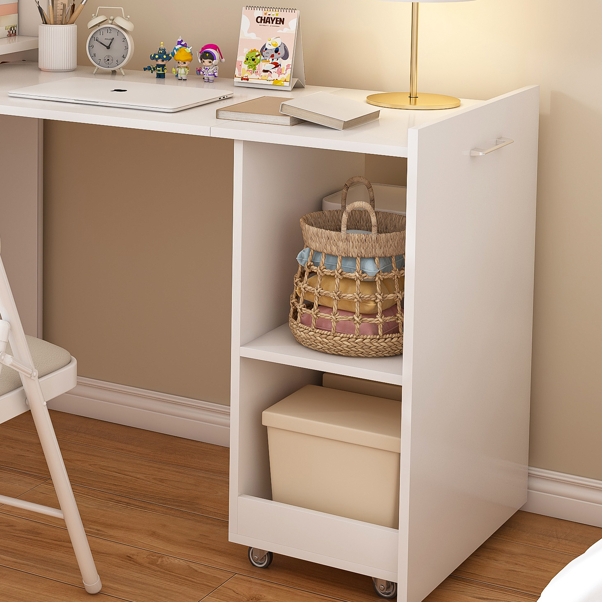Bureau extensible avec rangement, bureau escamotable avec étagères réglables et armoire, MDF, Blanc