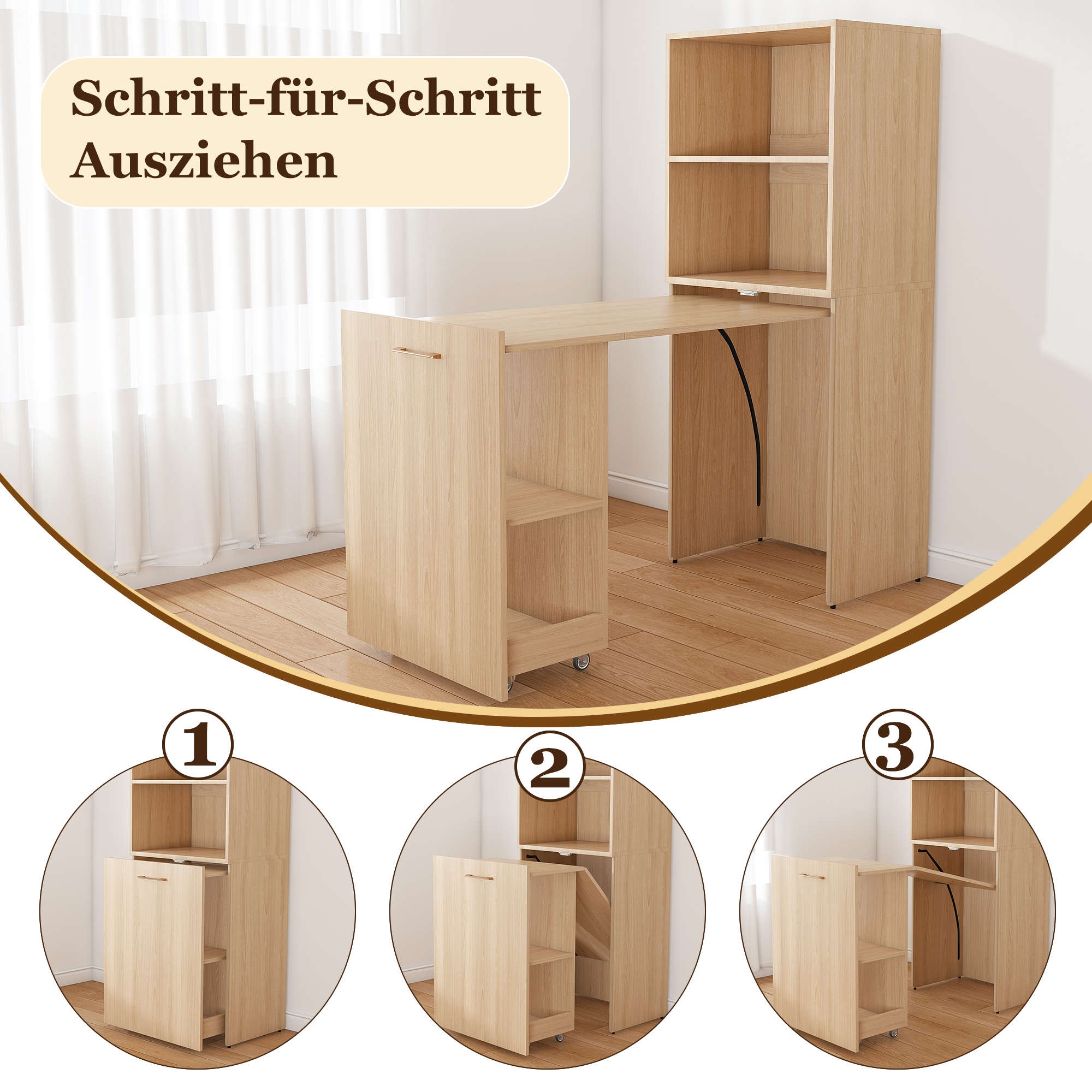 Bureau extensible avec rangement, bureau escamotable avec étagères réglables et armoire, MDF, Chêne clair naturel