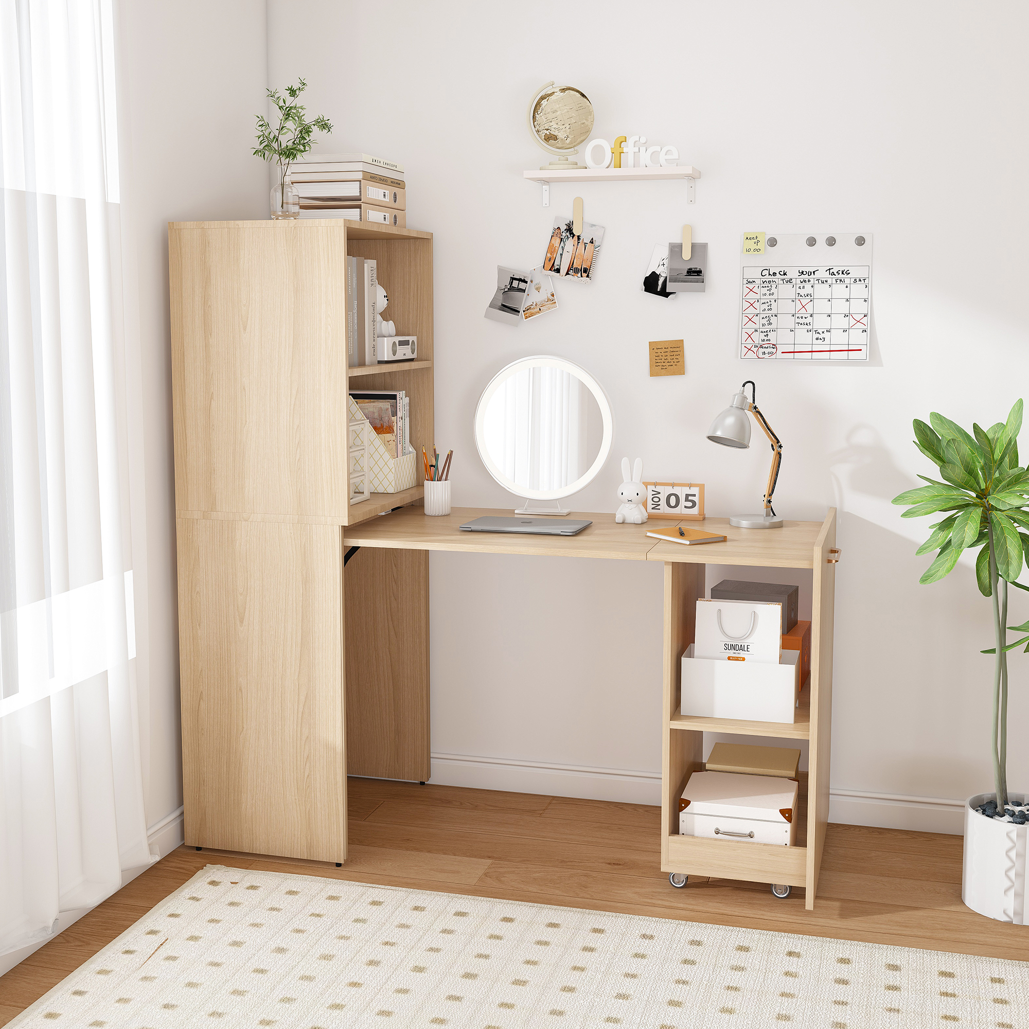 Bureau armoire convertible 2-en-1, se transforme d'armoire de rangement en bureau spacieux, étagères ouvertes + placard fermé, étagères réglables 5 hauteurs, pour petit appartement, gain de place, pour livres et fournitures - image 4
