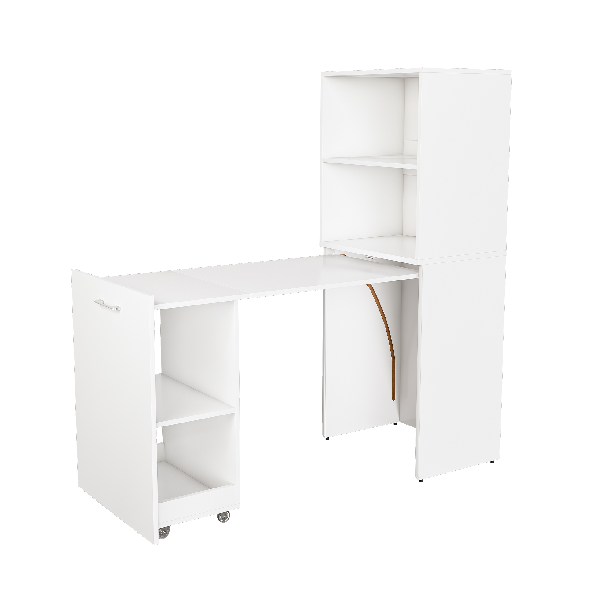 Bureau extensible avec rangement, bureau escamotable avec étagères réglables et armoire, MDF, Blanc