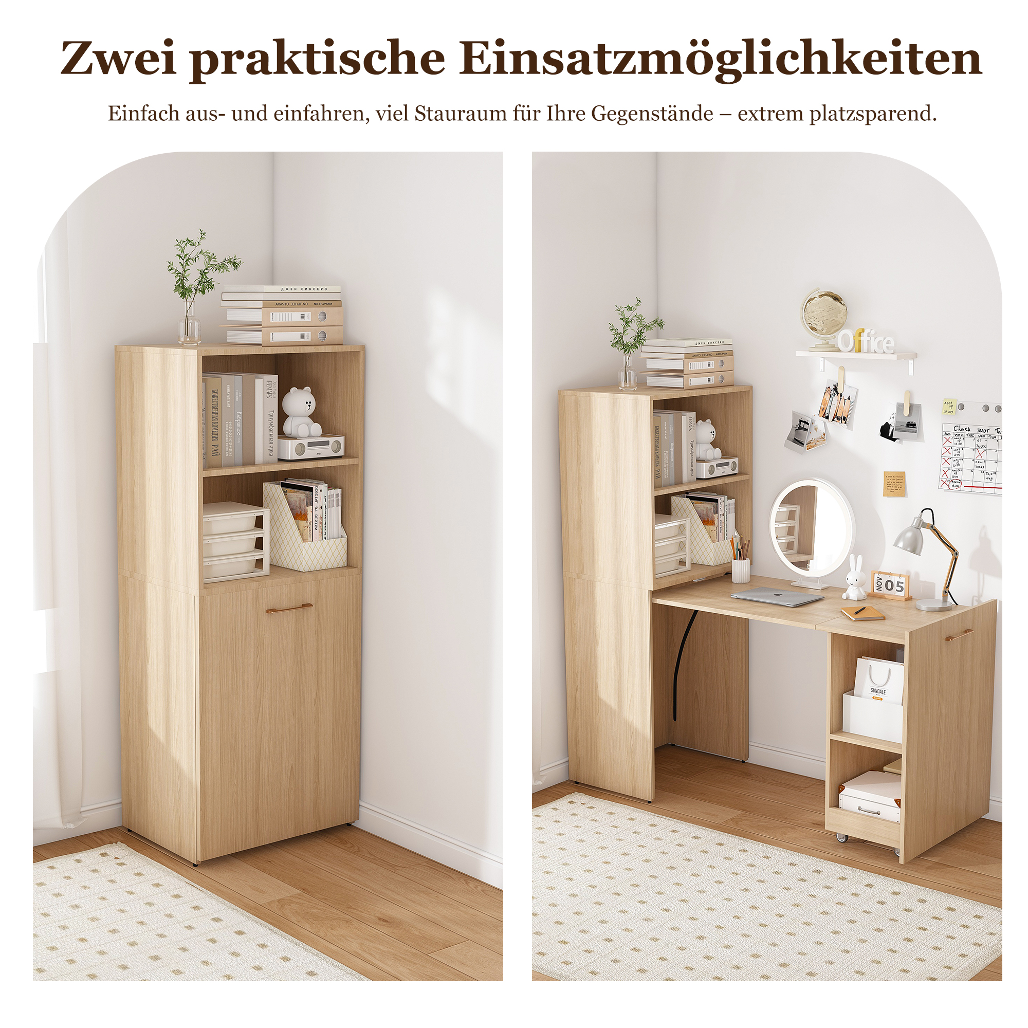 Bureau extensible avec rangement, bureau escamotable avec étagères réglables et armoire, MDF, Chêne clair naturel