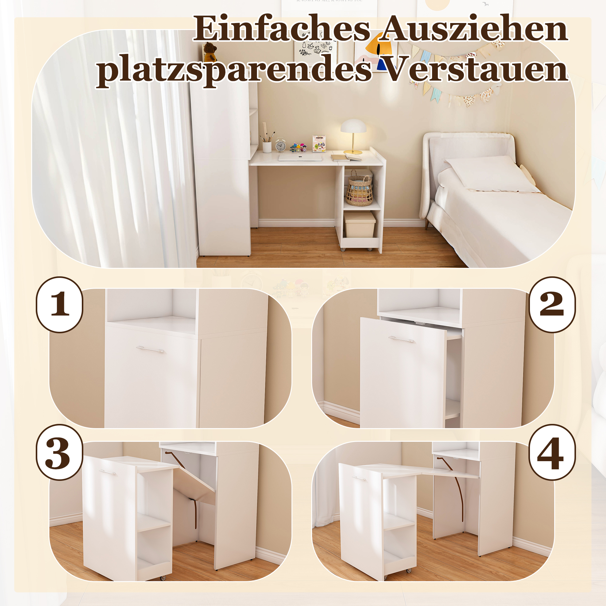 Bureau extensible avec rangement, bureau escamotable avec étagères réglables et armoire, MDF, Blanc