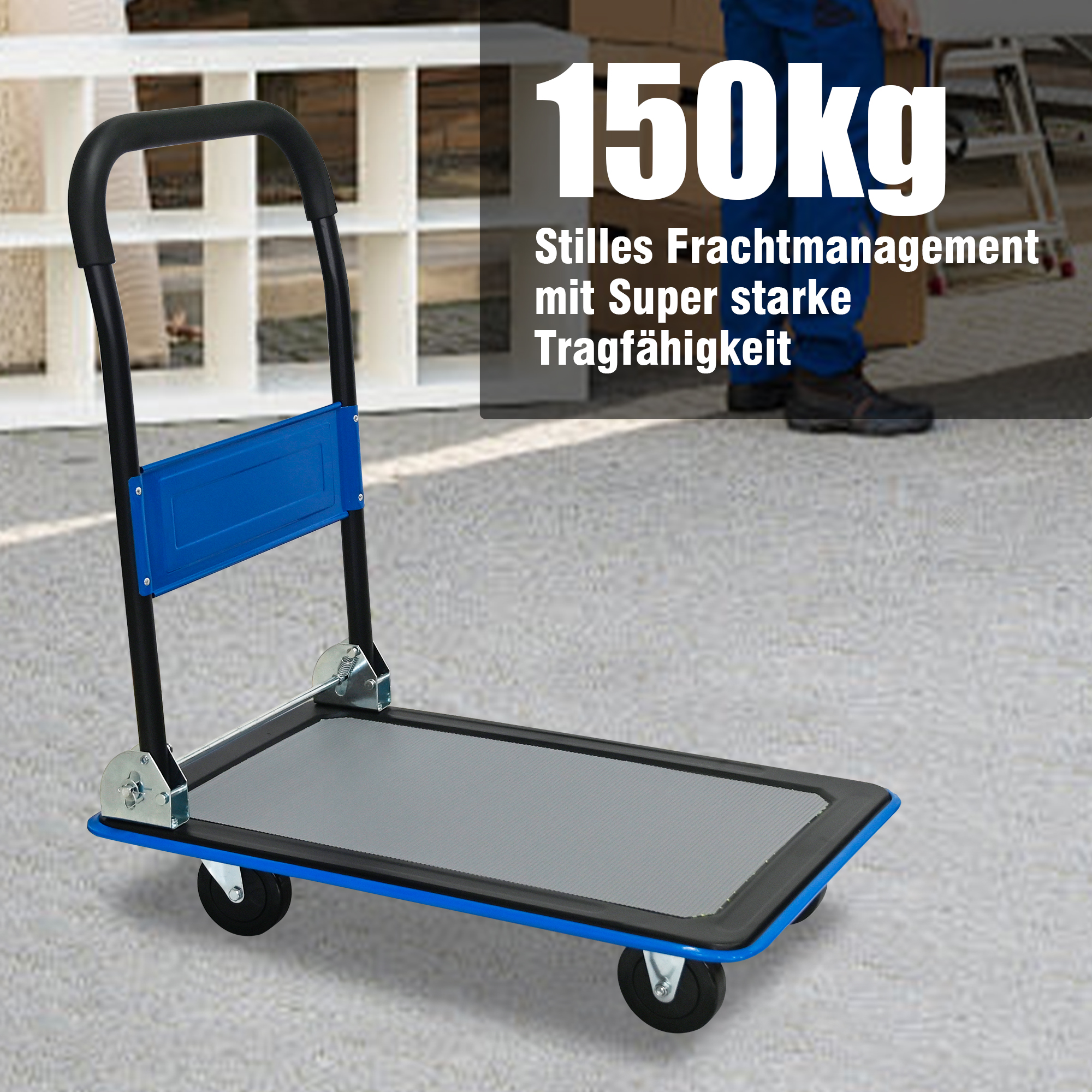 Chariot plateforme bleu déplié vue générale