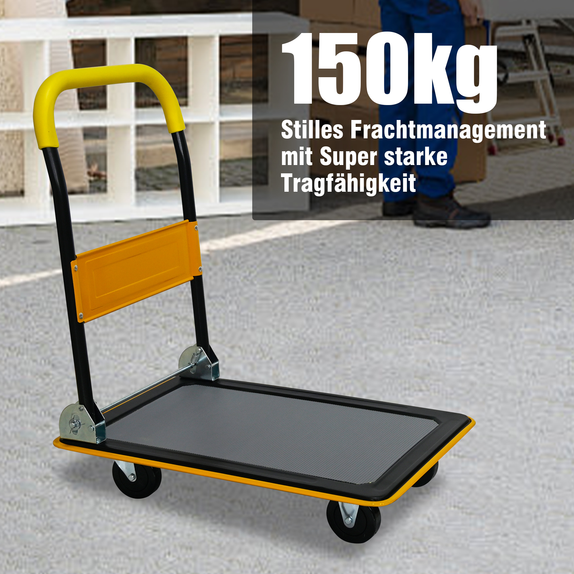 Chariot plateforme jaune‑noir déplié