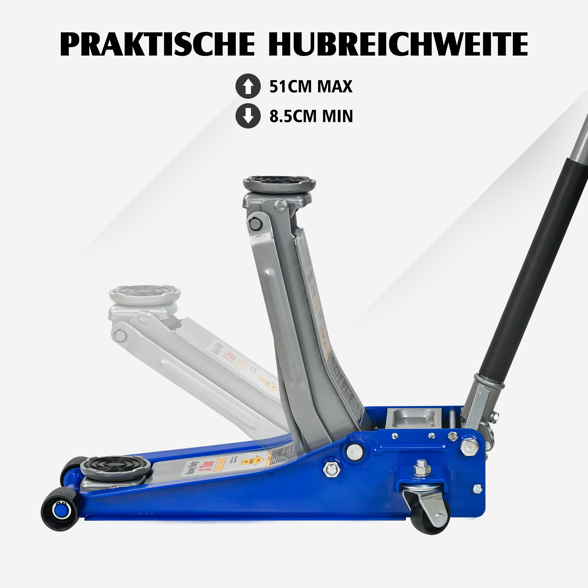 Cric rouleur bas‑profil 3 t plage de levage