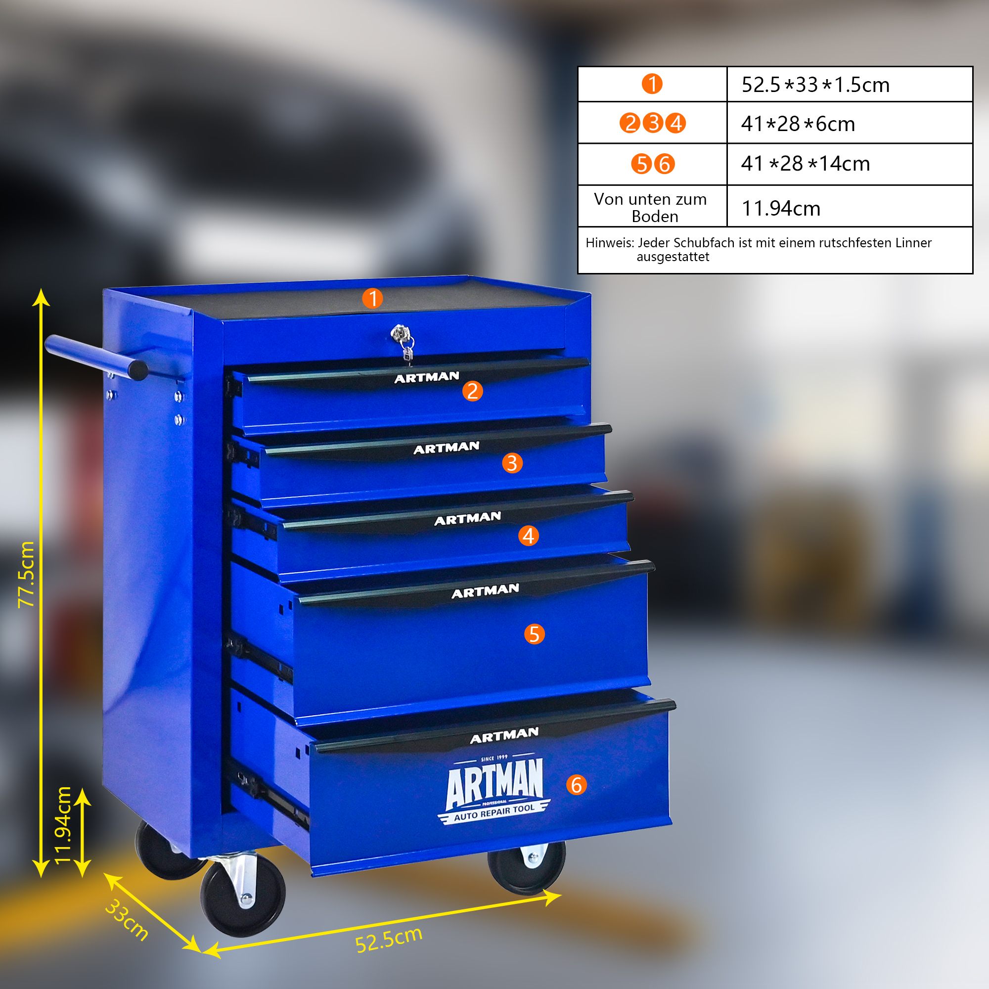 Chariot ARTMAN bleu vue complète avec dimensions