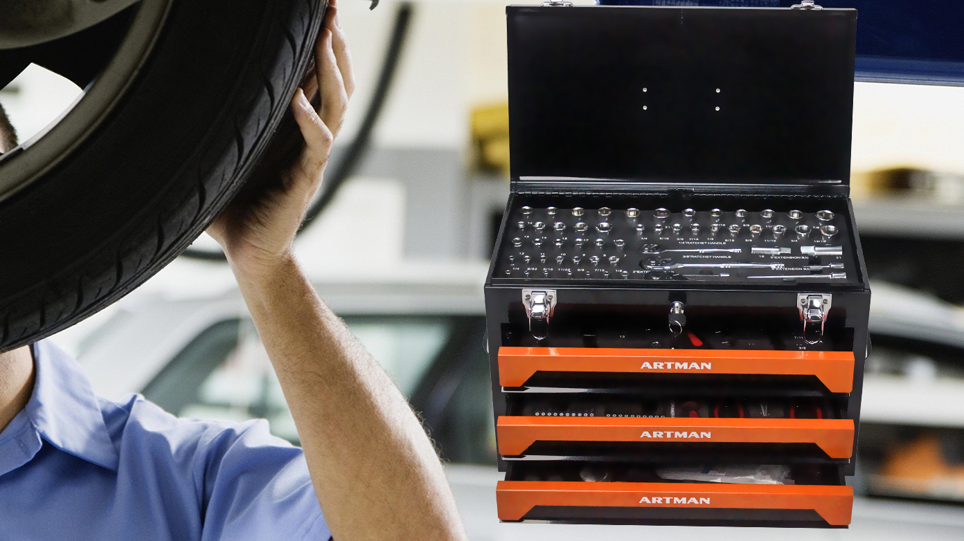 Coffret outils noir orange vue fermée garage