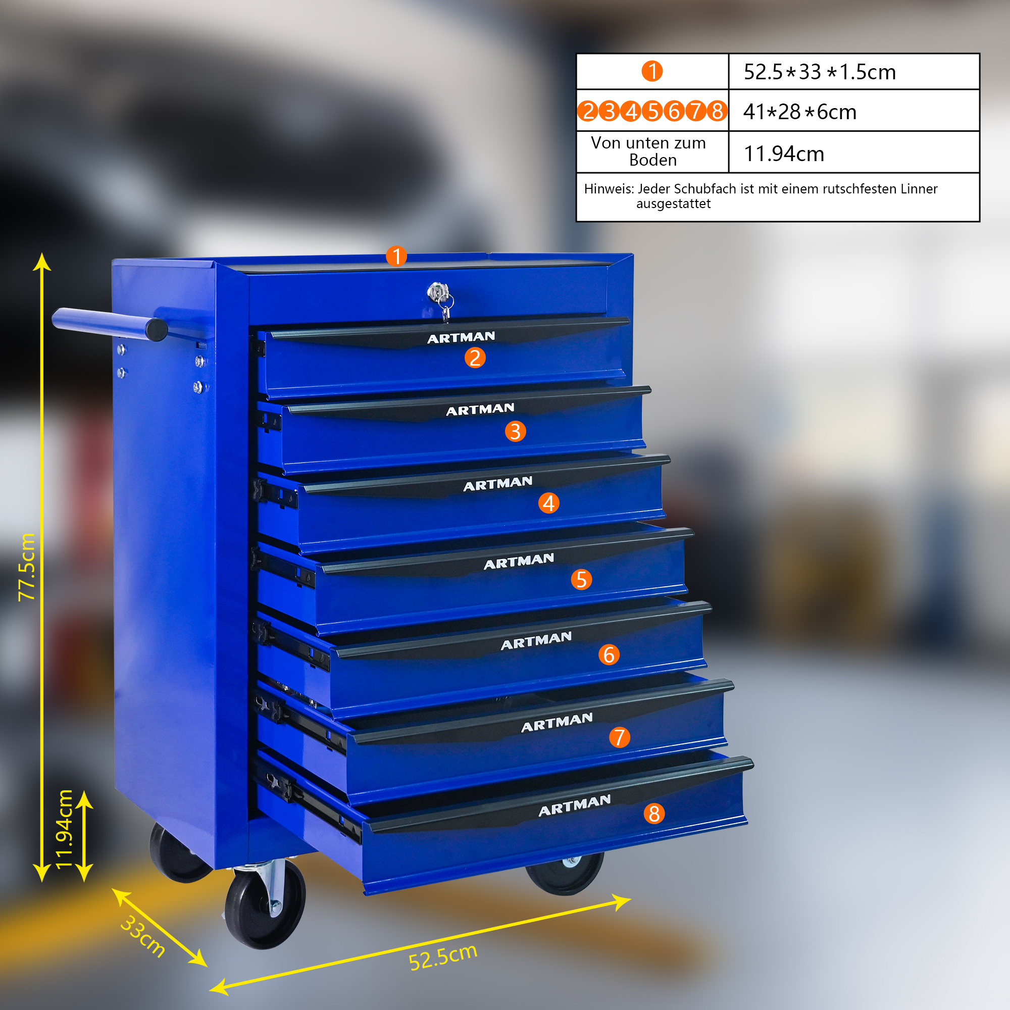 Chariot bleu 7 tiroirs vue complète
