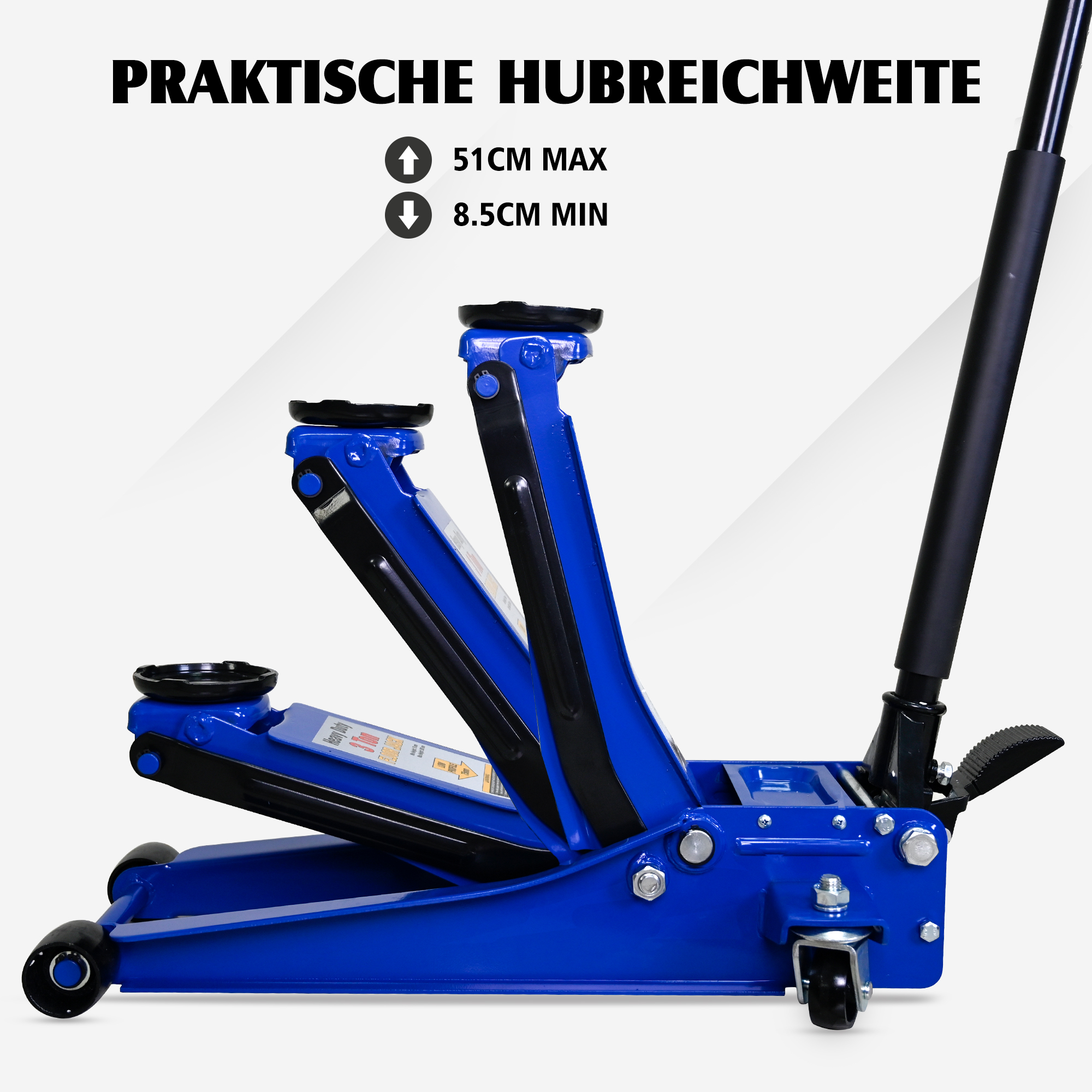 Cric rouleur bas‑profil 3 t plage de levage