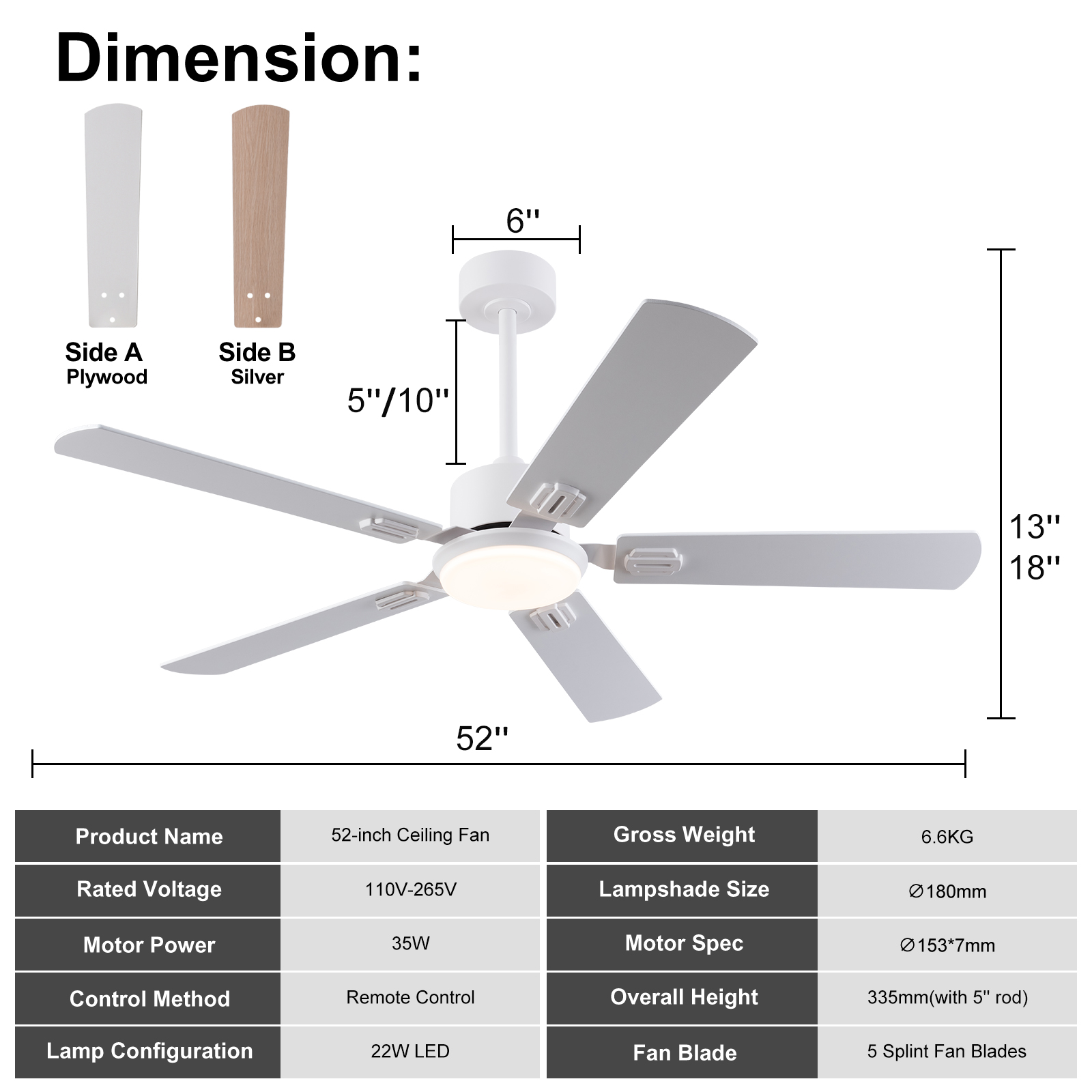 Dimensions ventilateur plafond 52 pouces blanc chene