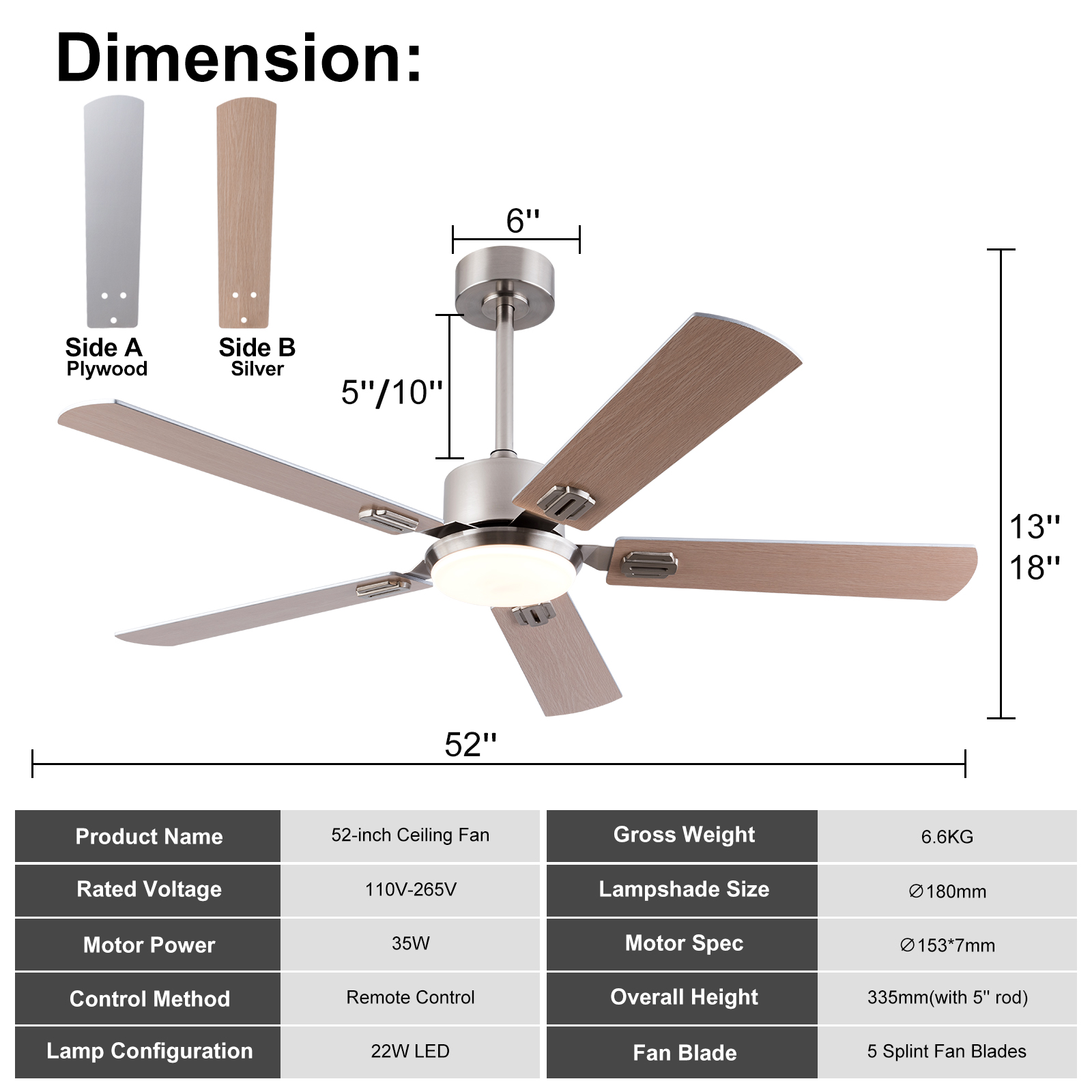 Dimensions ventilateur plafond 52 pouces nickel