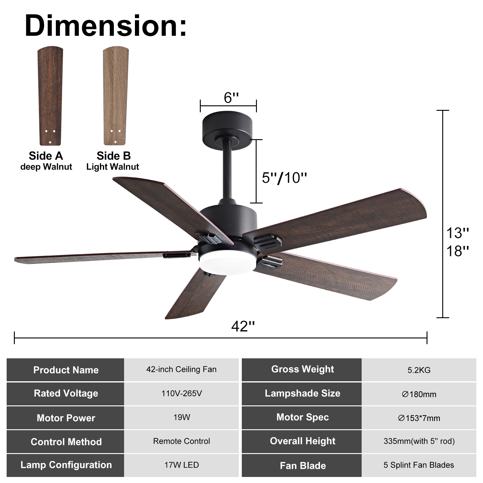Dimensions ventilateur plafond 42 pouces noir noyer