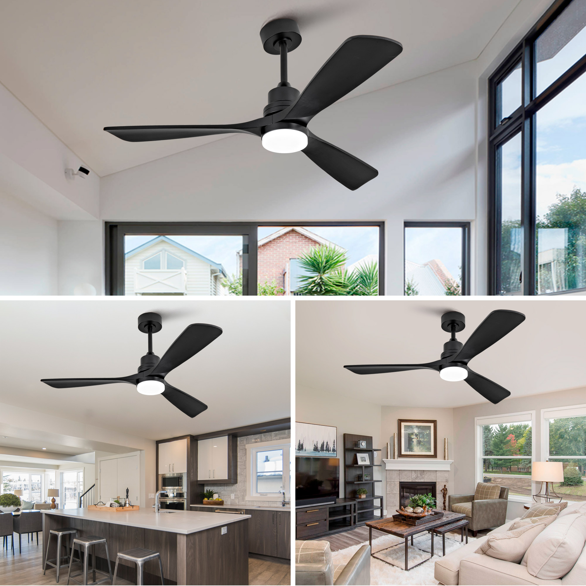 52-Zoll-Deckenventilator aus massivem Holz mit dre