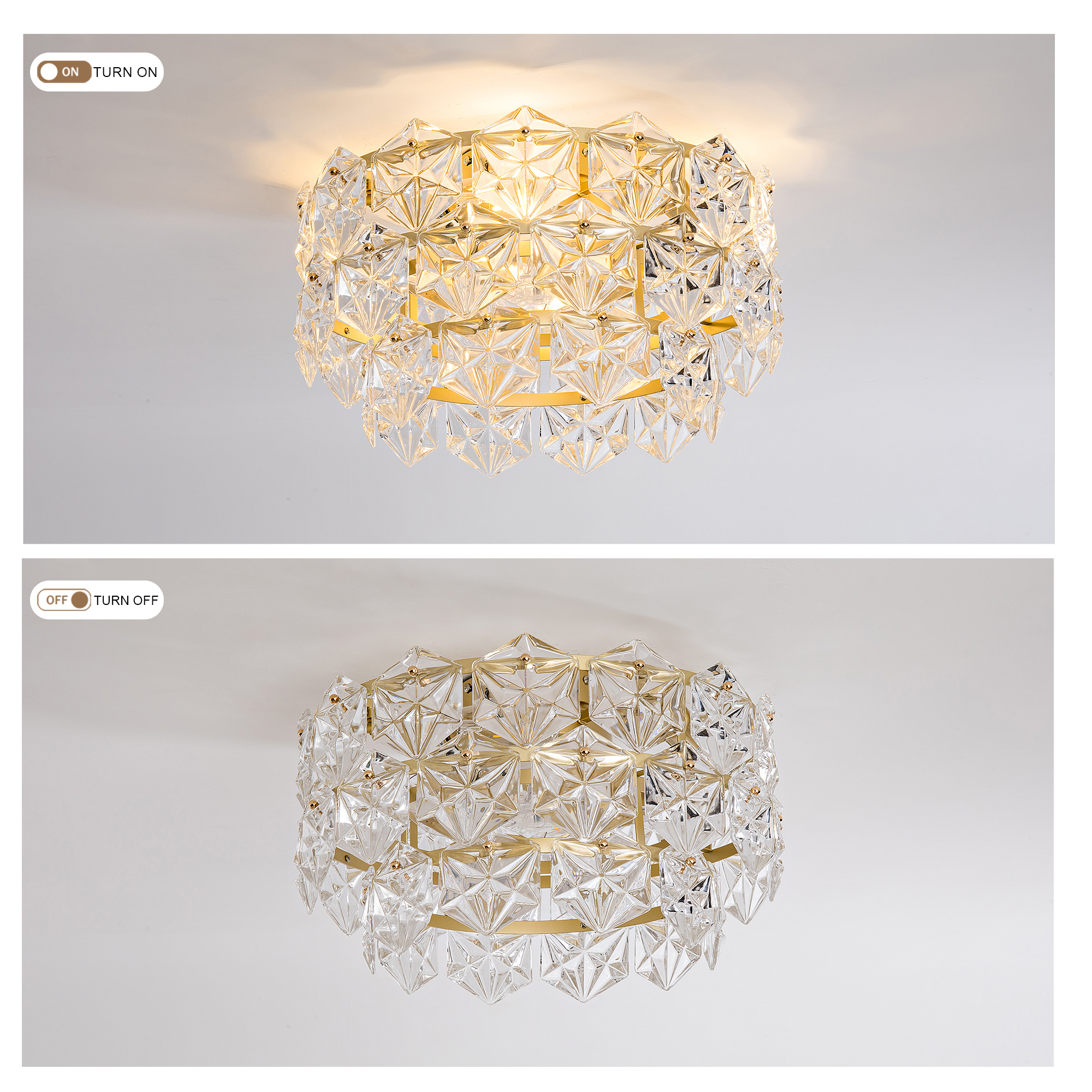 Ventilateur de plafond 19 pouces avec luminaire en cristal, 6 vitesses, fonction réversible, application et télécommande, Doré et verre - vue principale
