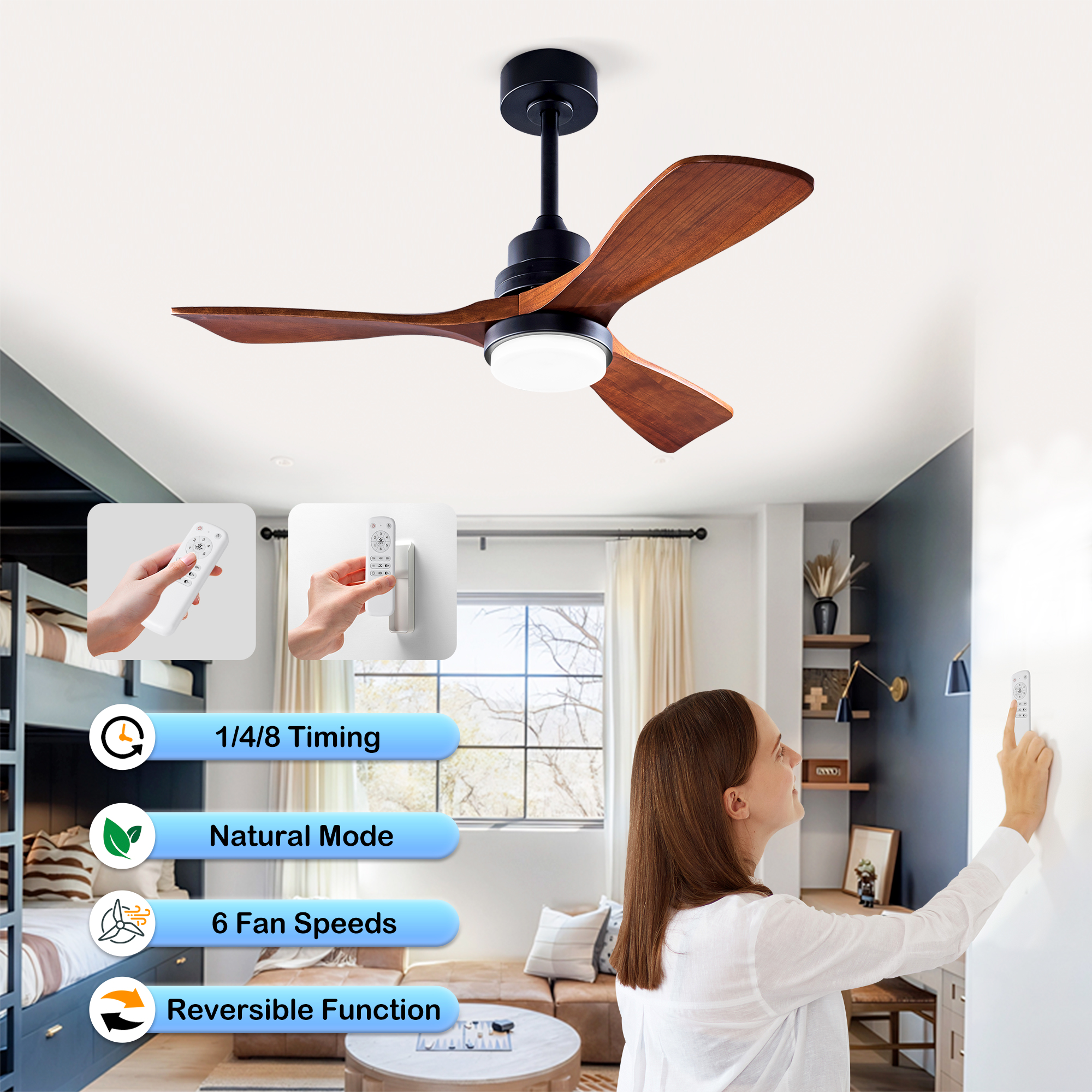 Ventilateur plafond 52 pouces noir mat noyer foncé LED