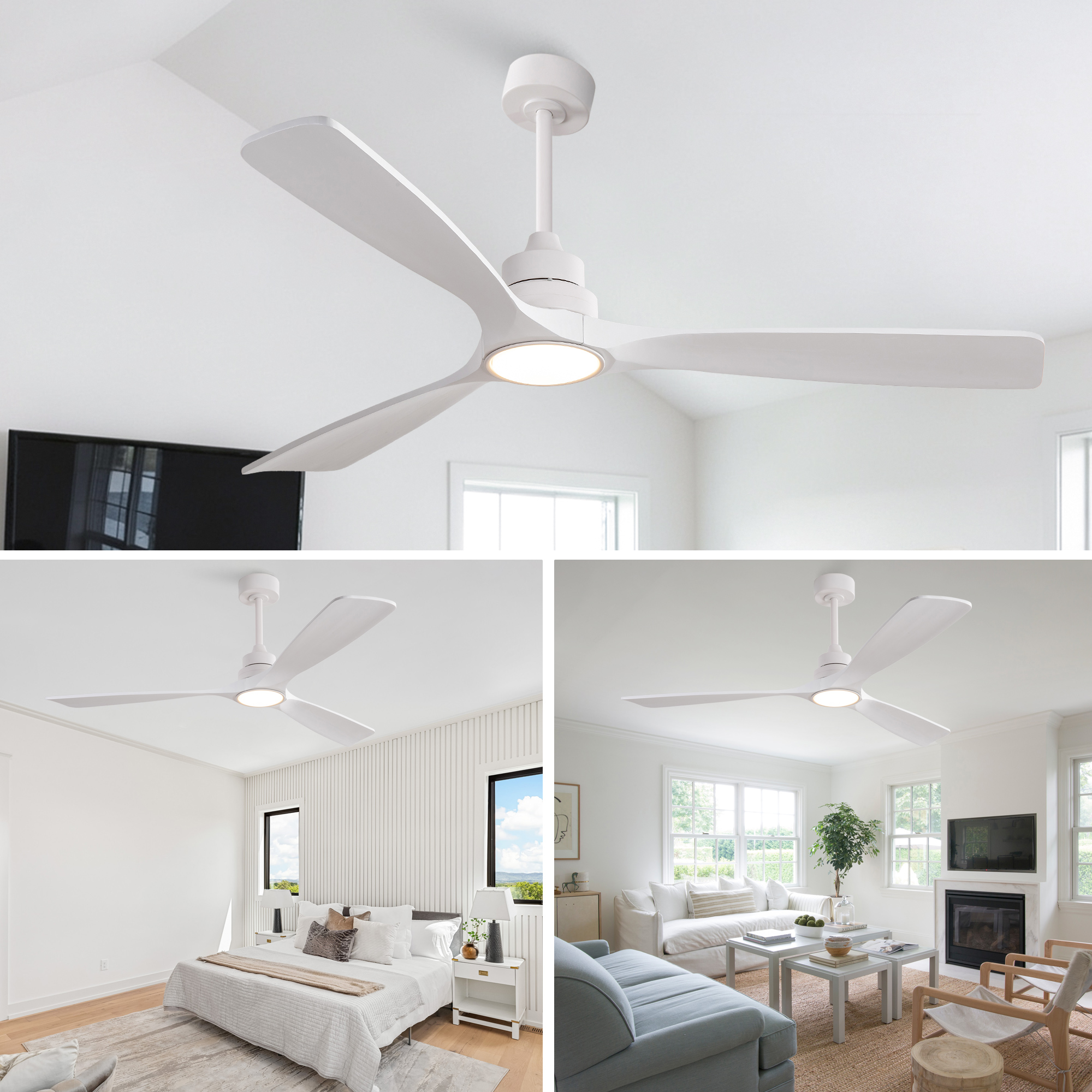 60-Zoll-Deckenventilator in reinem Weiß, dreiflüge