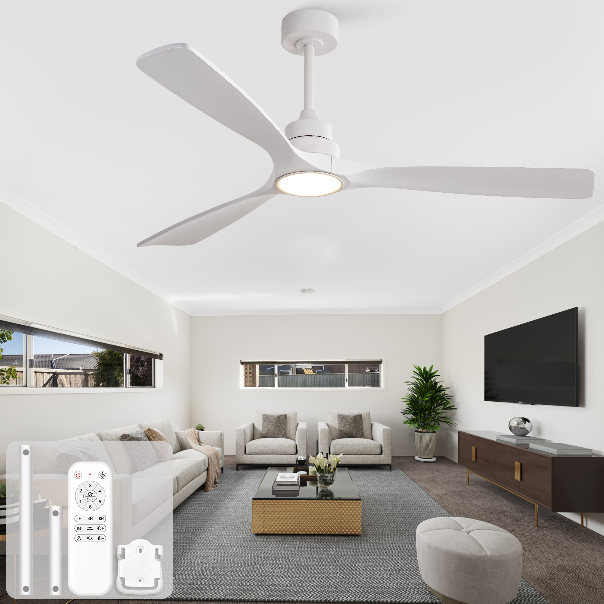 60-Zoll-Deckenventilator in reinem Weiß, dreiflüge