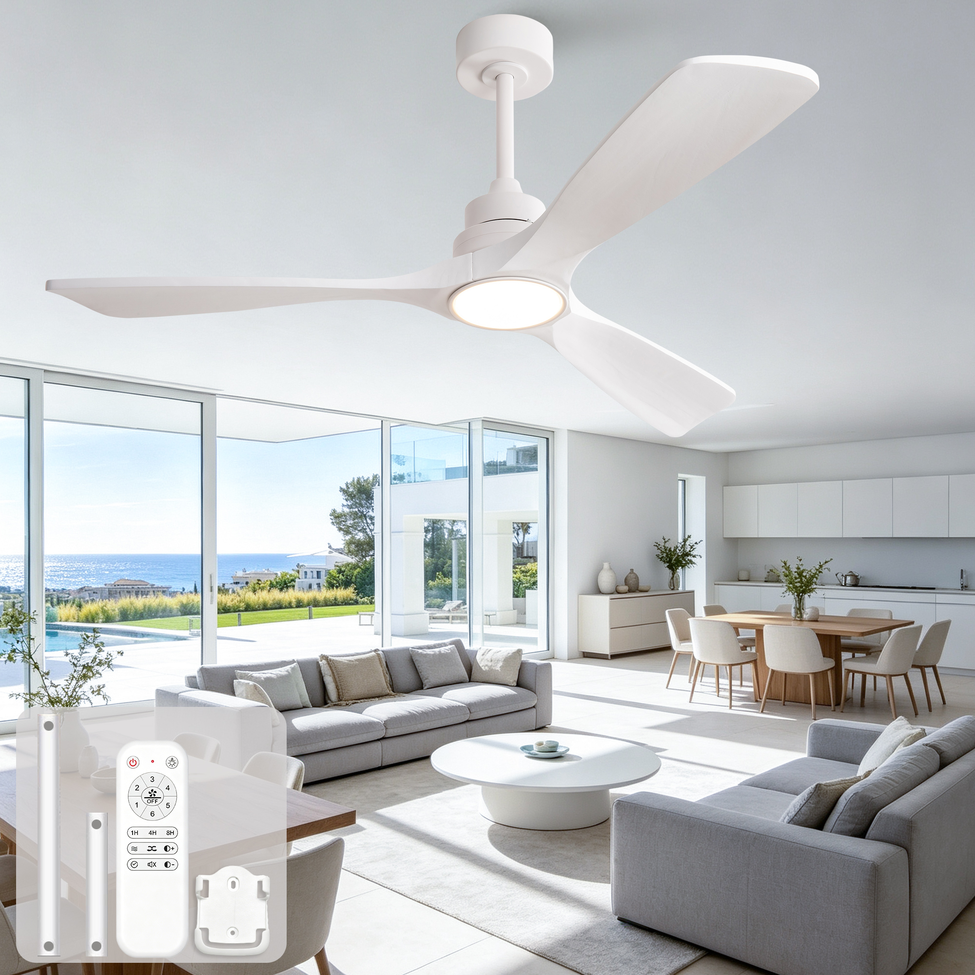52-Zoll-Deckenventilator in reinem Weiß, dreiflüge