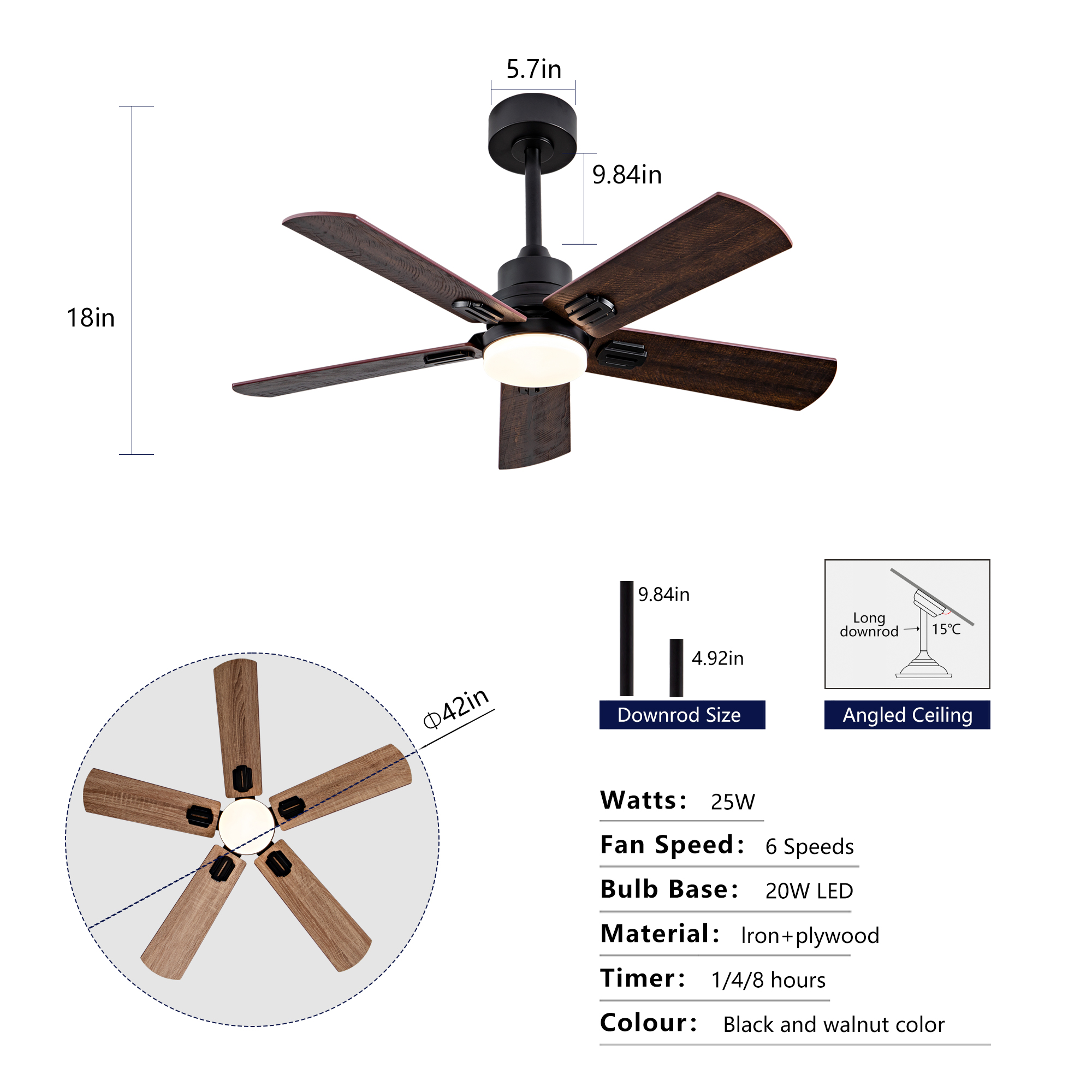 Dimensions ventilateur plafond 42 pouces noir noyer