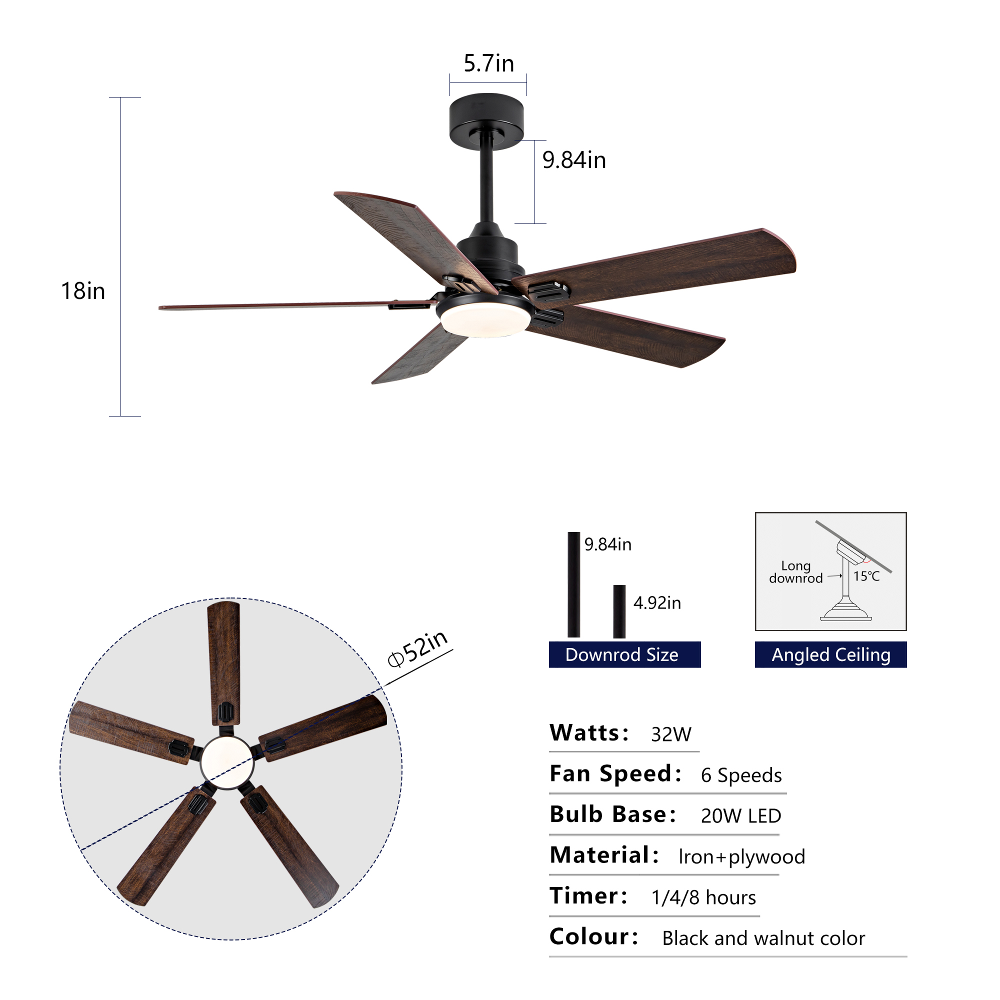 Dimensions ventilateur plafond 52 pouces noir noyer