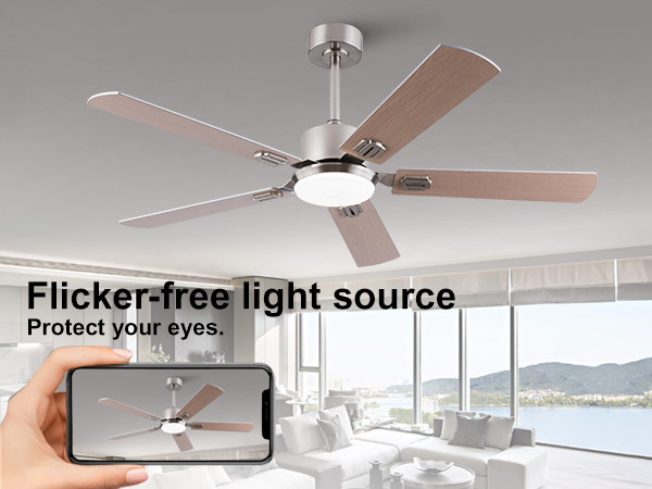 Ventilateur plafond 52 pouces nickel LED bois
